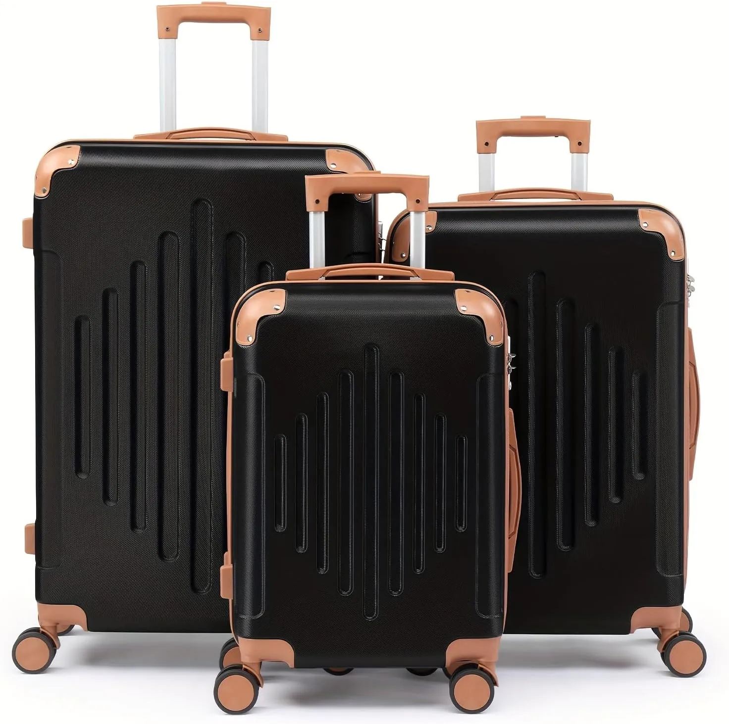 3pcs Luggage with Corner Protectors Large Capacity Suitcase Lightweight Travel with TSA Lock 20/24/28-Inch (Black Brown)