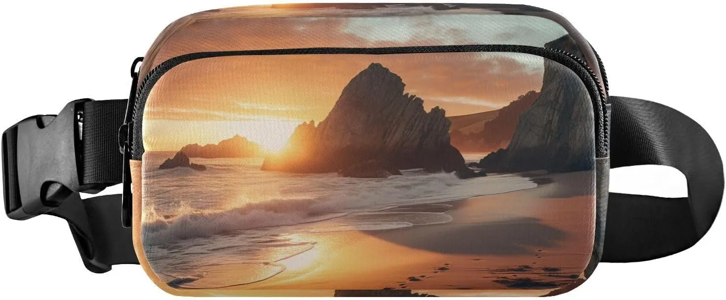 Beach Sunset Landscape Fanny Pack Hip Bag Belt Bag for Women Man Fashion Waist Pack Water-repellent Crossbody Bag for Halloween Costumes Running Hiking Jogging Travel Sport