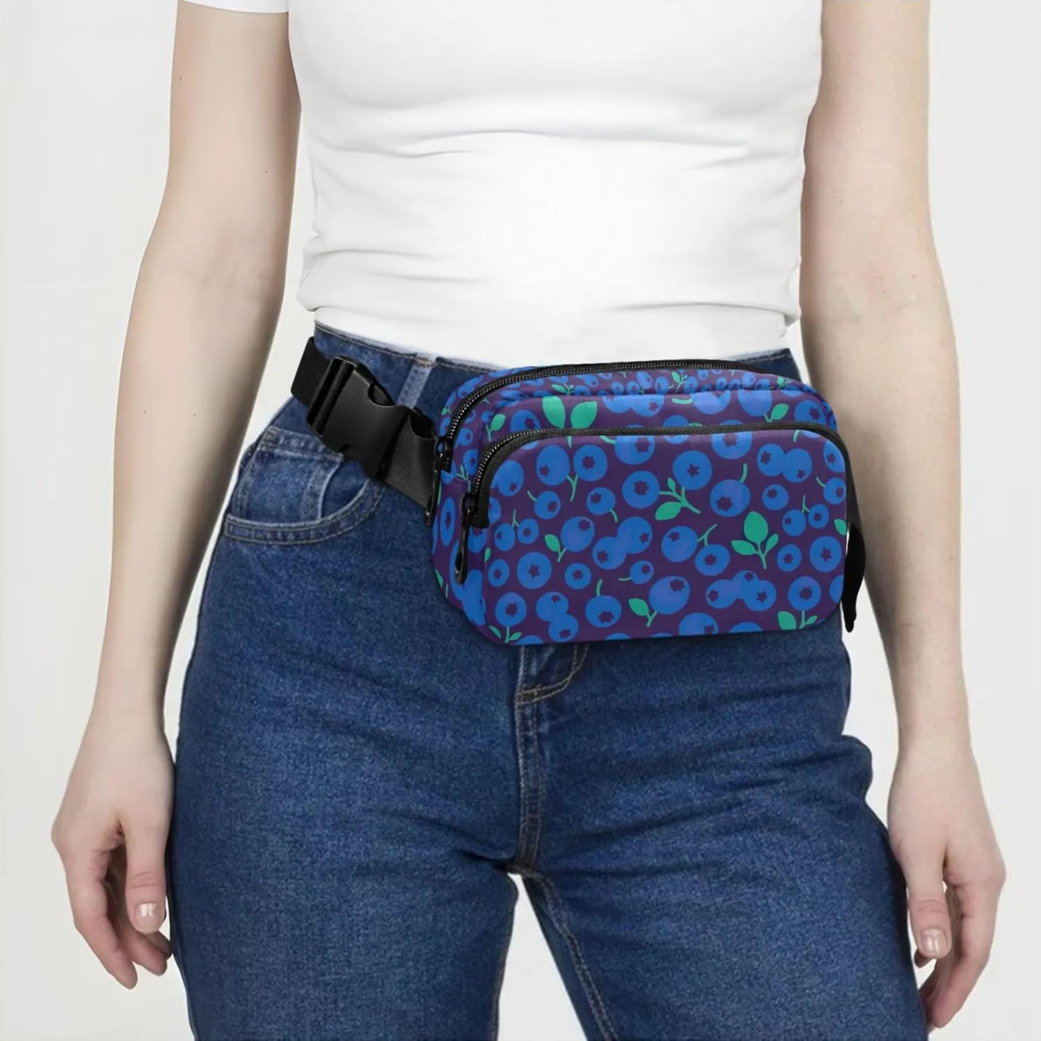 Blueberry Floral Blue Fanny Packs Women Large Hip Belt Bag Waterproof Funny Crossbody Waist Bag