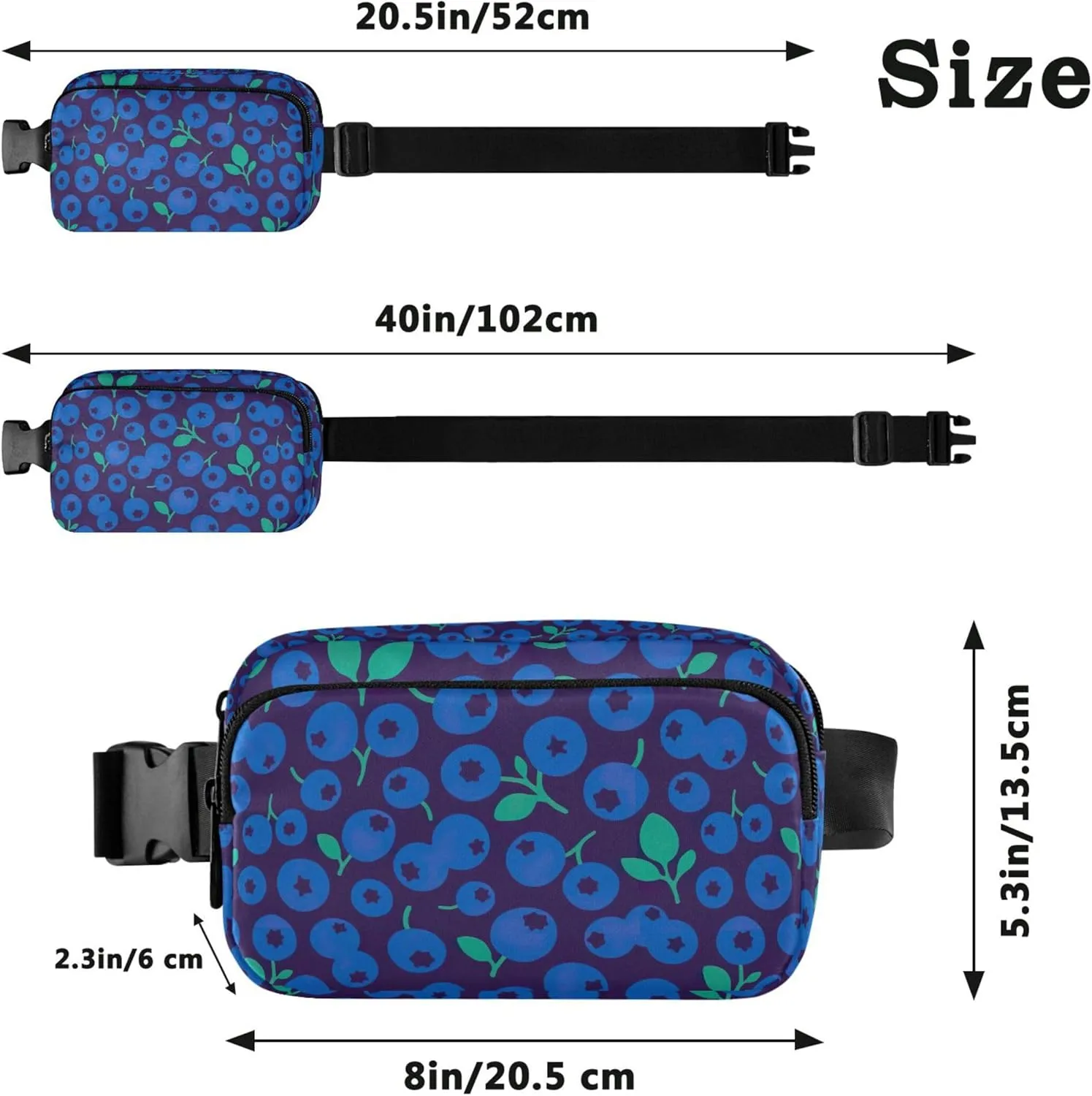 Blueberry Floral Blue Fanny Packs Women Large Hip Belt Bag Waterproof Funny Crossbody Waist Bag