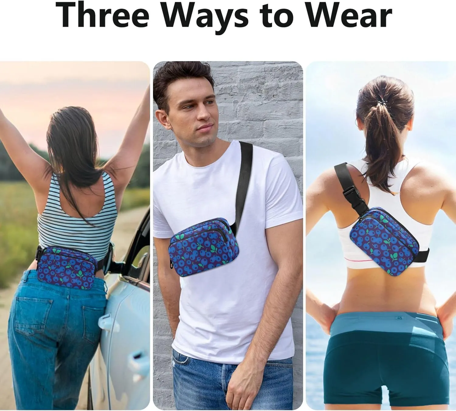 Blueberry Floral Blue Fanny Packs Women Large Hip Belt Bag Waterproof Funny Crossbody Waist Bag