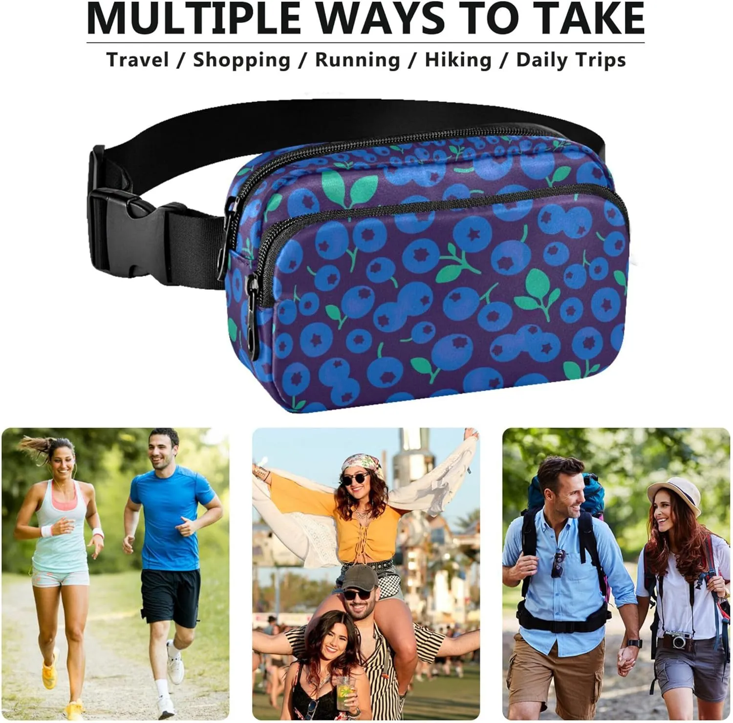 Blueberry Floral Blue Fanny Packs Women Large Hip Belt Bag Waterproof Funny Crossbody Waist Bag
