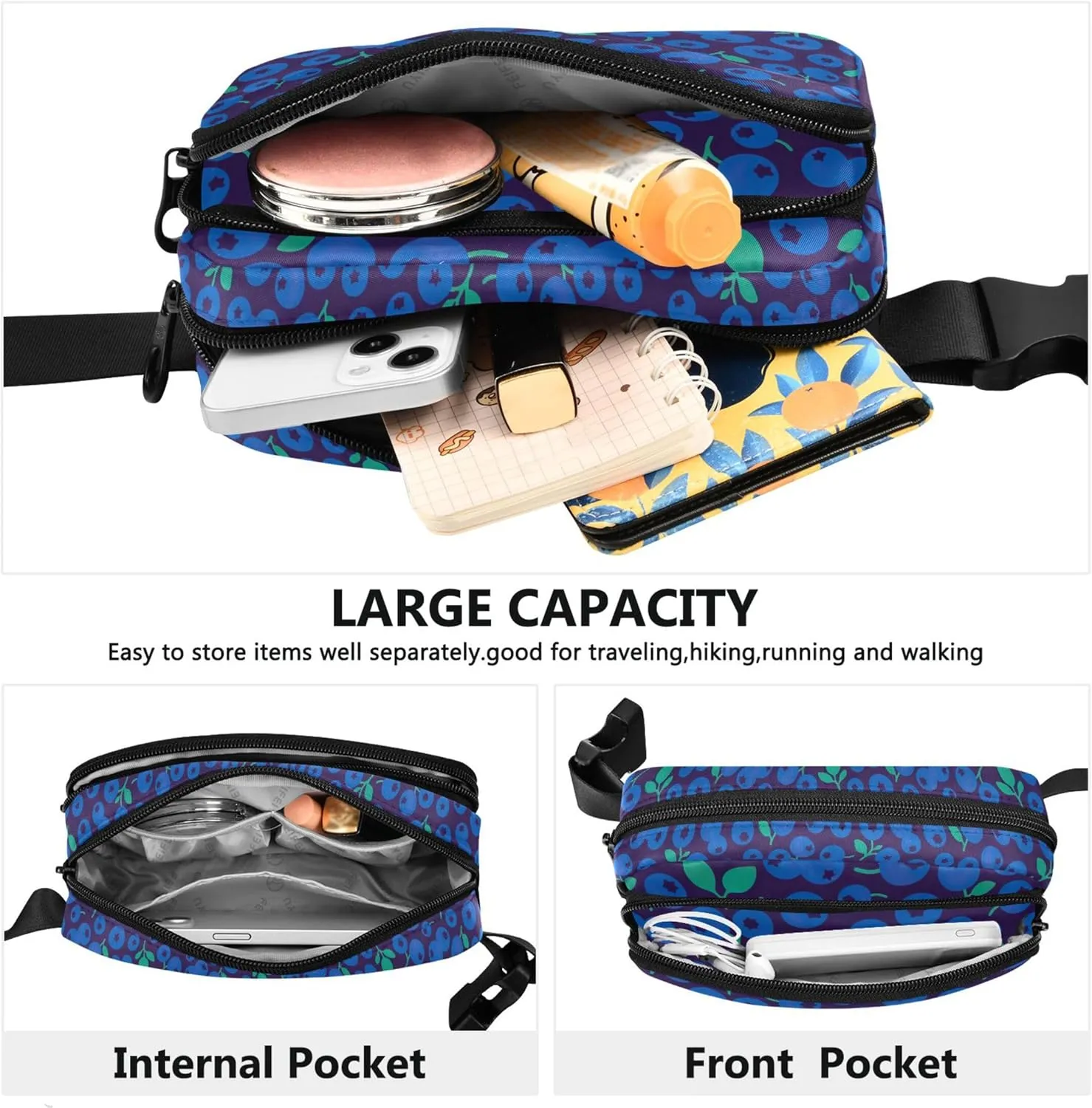 Blueberry Floral Blue Fanny Packs Women Large Hip Belt Bag Waterproof Funny Crossbody Waist Bag