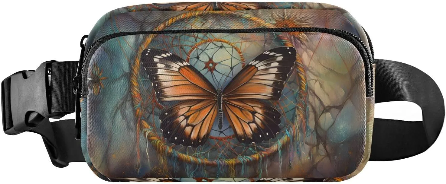 Butterfly and Dream Catcher Fanny Pack Hip Bag Belt Bag for Women Man Fashion Waist Pack Water-repellent Crossbody Bag for Halloween Costumes Running Hiking Jogging Travel Sport