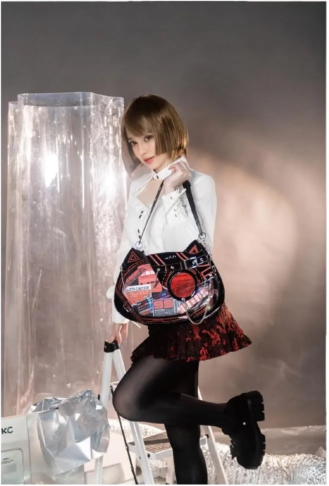 Cat Ita Bag Pin Display Backpack Cyberpunk Purse Luminous Single Shoulder Crossbody Reflection Handbag (Black red(luminous))