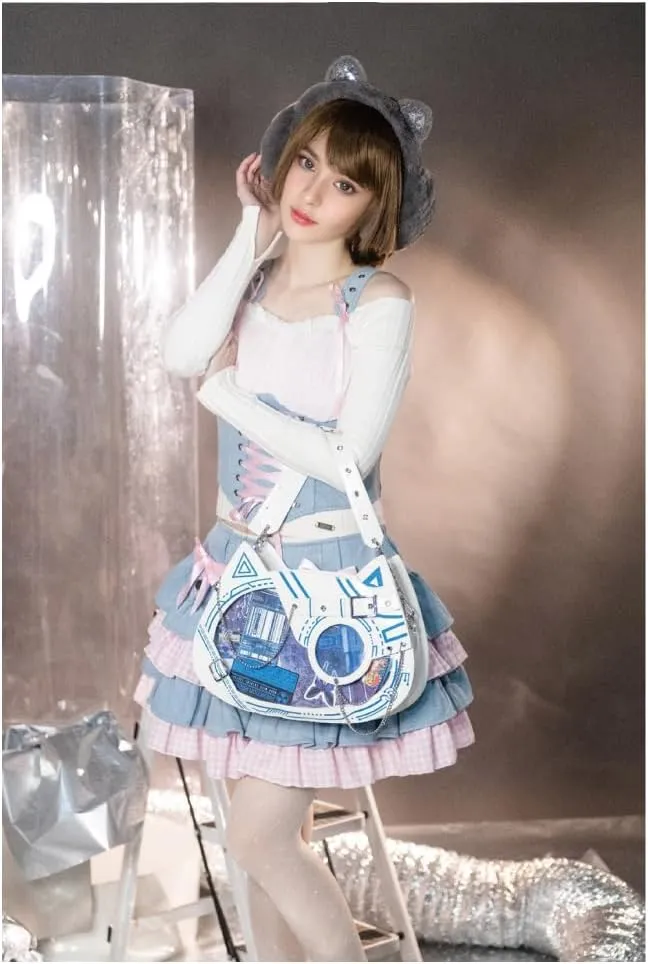 Cat Ita Bag Pin Display Backpack Cyberpunk Purse Luminous Single Shoulder Crossbody Reflection Handbag (White blue(luminous))