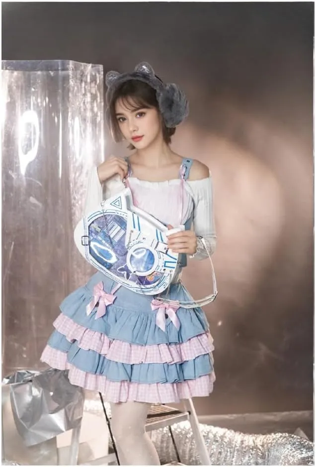 Cat Ita Bag Pin Display Backpack Cyberpunk Purse Luminous Single Shoulder Crossbody Reflection Handbag (White blue(luminous))