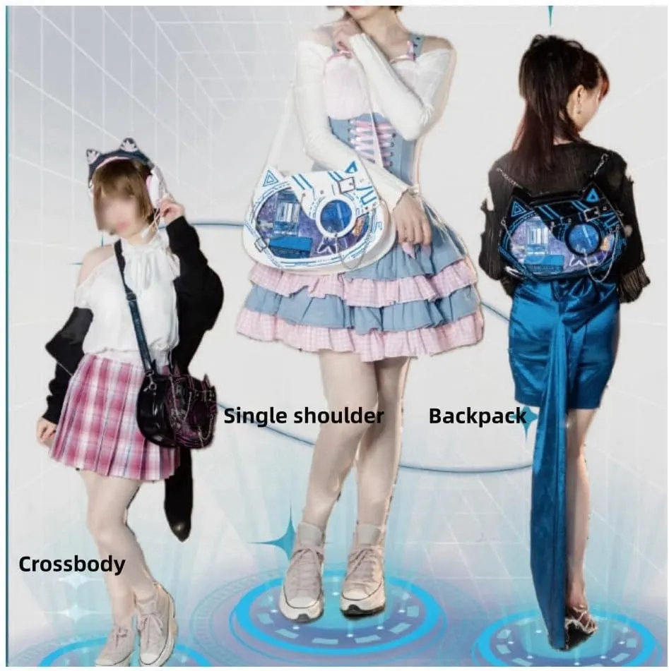 Cat Ita Bag Pin Display Backpack Cyberpunk Purse Luminous Single Shoulder Crossbody Reflection Handbag (White blue(luminous))