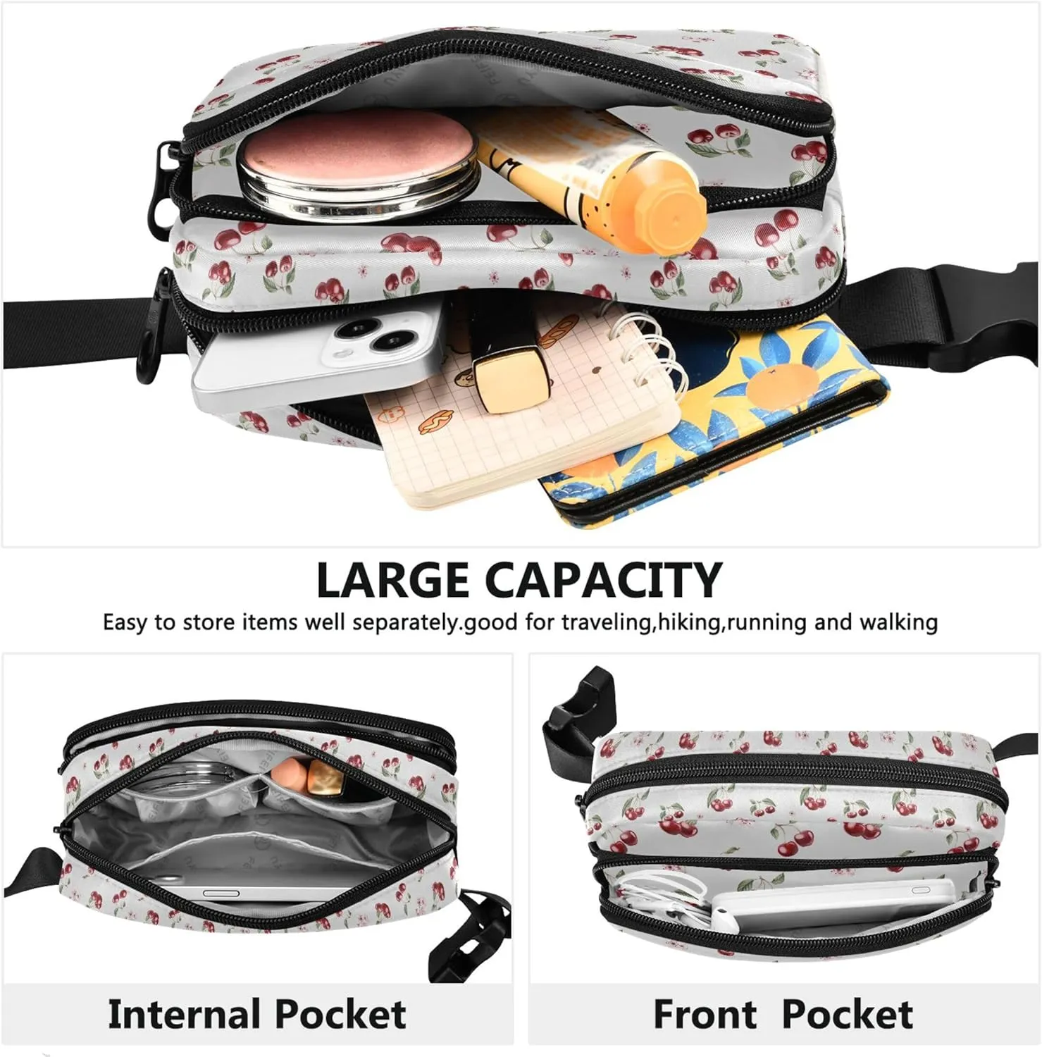 Cherry Berries Floral Fanny Packs for Women Waterproof Everywhere Belt Bag Cute Waist Pouch for Women
