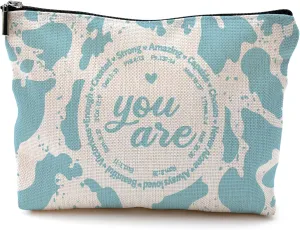 Christian Makeup Cosmetic Bag for Women - Inspirational Faith Gifts, Bible Scripture Aesthetic Sky Blue Cow Print Small Makeup Bag for Purse
