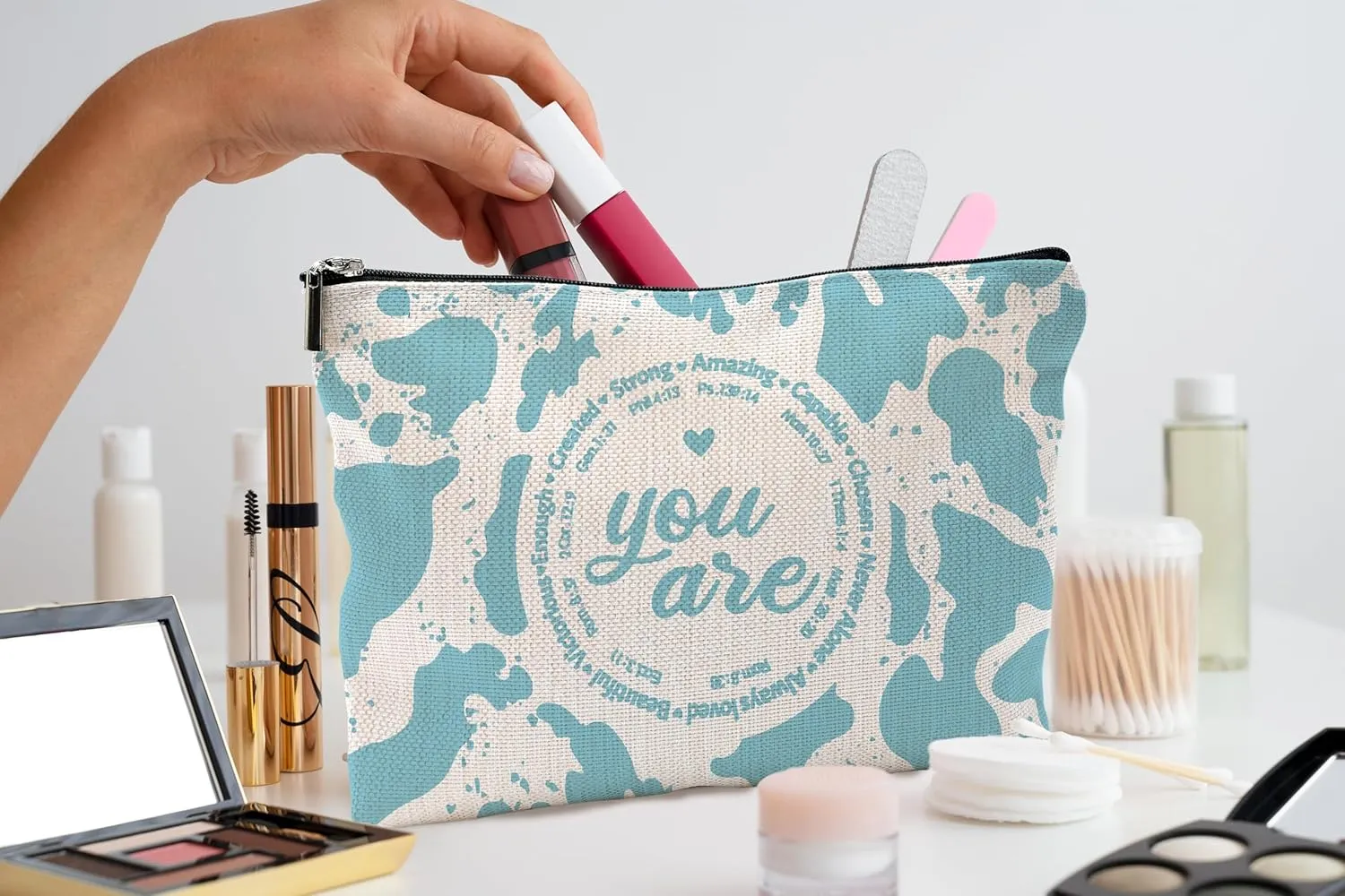 Christian Makeup Cosmetic Bag for Women - Inspirational Faith Gifts, Bible Scripture Aesthetic Sky Blue Cow Print Small Makeup Bag for Purse