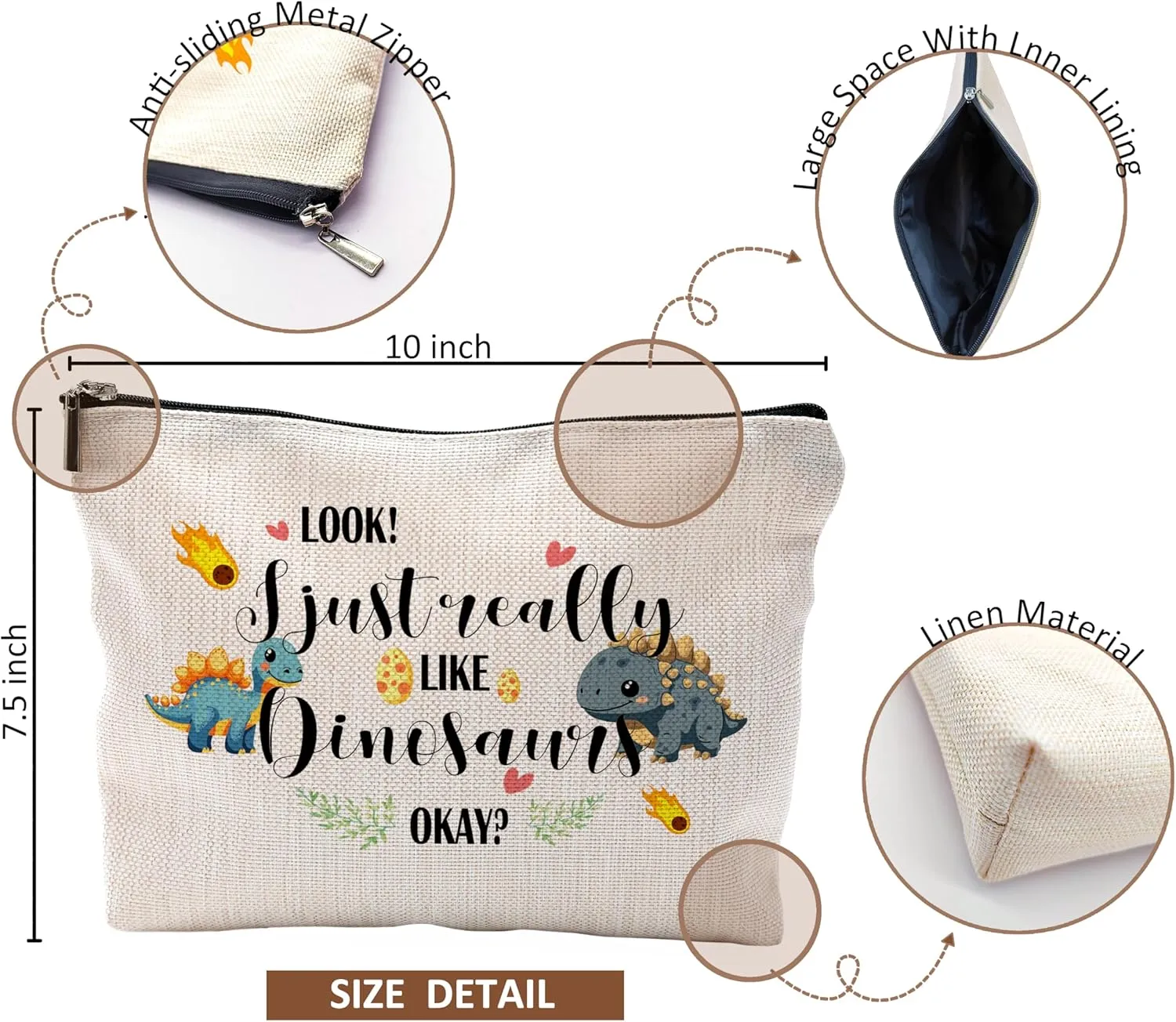Cute Dinosaur Dino Cosmetic Makeup Bag - Women's Dinosaur Gift, Makeup Bag for Purse