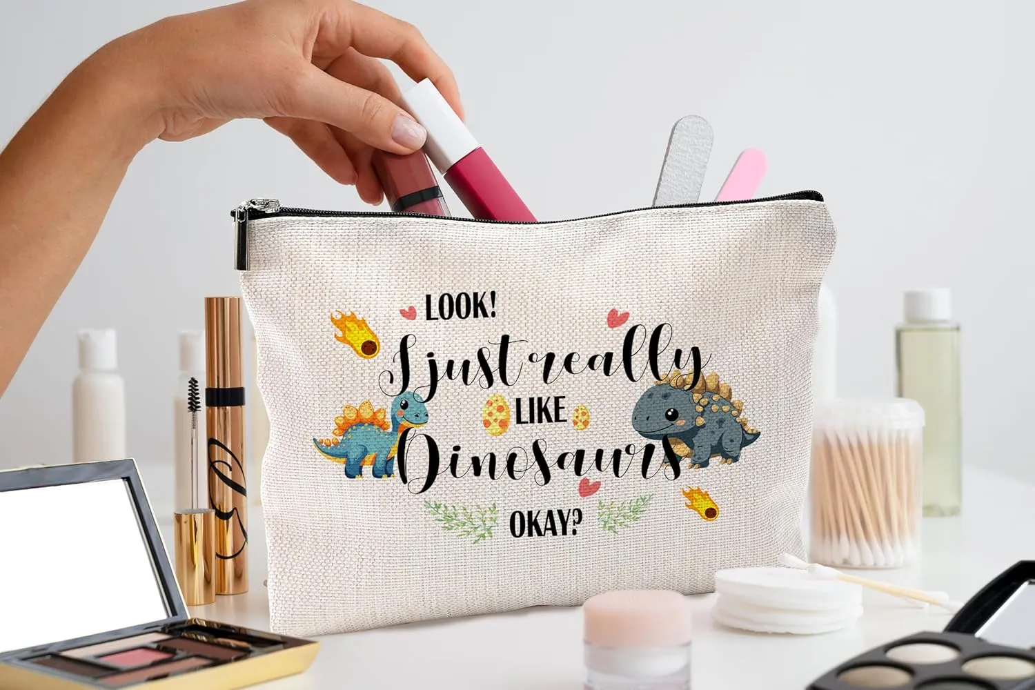 Cute Dinosaur Dino Cosmetic Makeup Bag - Women's Dinosaur Gift, Makeup Bag for Purse
