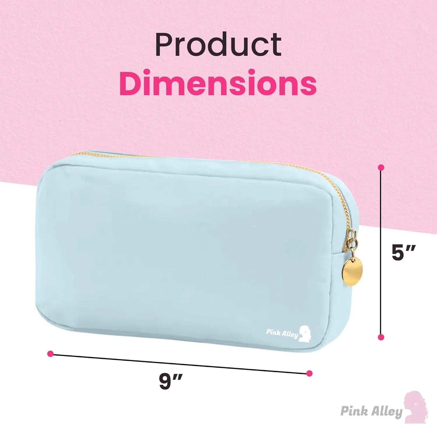 Cute Nylon Makeup Bag - 9" x 5" Durable Blue Makeup Bag with Golden Zipper - Waterproof Cosmetic Bags for Women - Travel Makeup Bag For Girls - Portable makeup Bag (Light Blue, Small)