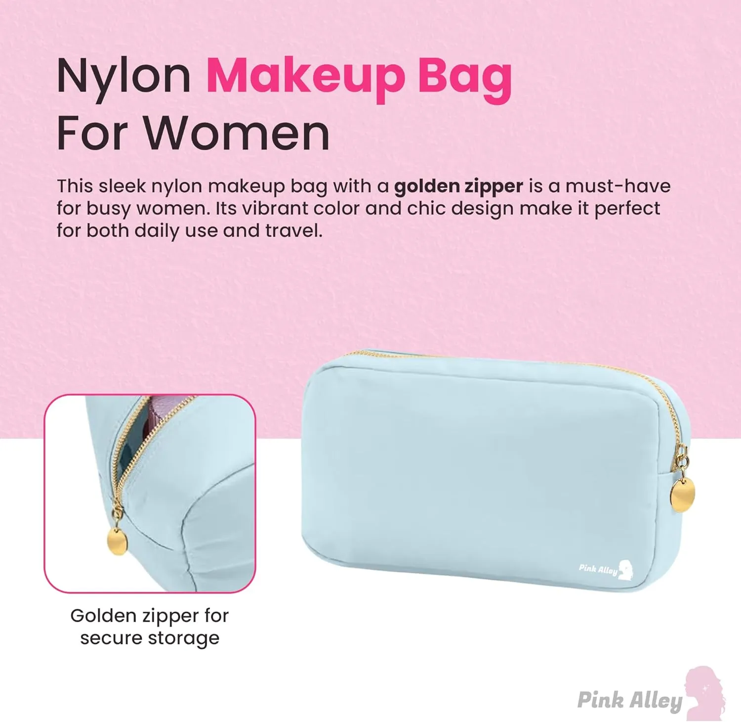 Cute Nylon Makeup Bag - 9" x 5" Durable Blue Makeup Bag with Golden Zipper - Waterproof Cosmetic Bags for Women - Travel Makeup Bag For Girls - Portable makeup Bag (Light Blue, Small)