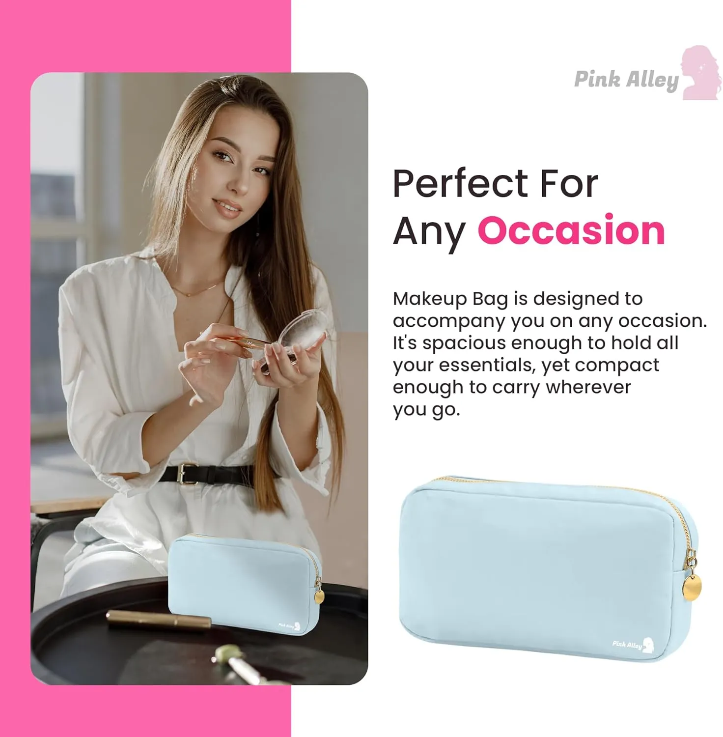 Cute Nylon Makeup Bag - 9" x 5" Durable Blue Makeup Bag with Golden Zipper - Waterproof Cosmetic Bags for Women - Travel Makeup Bag For Girls - Portable makeup Bag (Light Blue, Small)