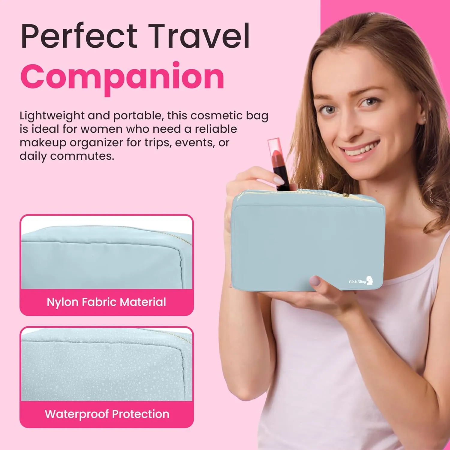 Cute Nylon Makeup Bag - 9" x 5" Durable Blue Makeup Bag with Golden Zipper - Waterproof Cosmetic Bags for Women - Travel Makeup Bag For Girls - Portable makeup Bag (Light Blue, Small)
