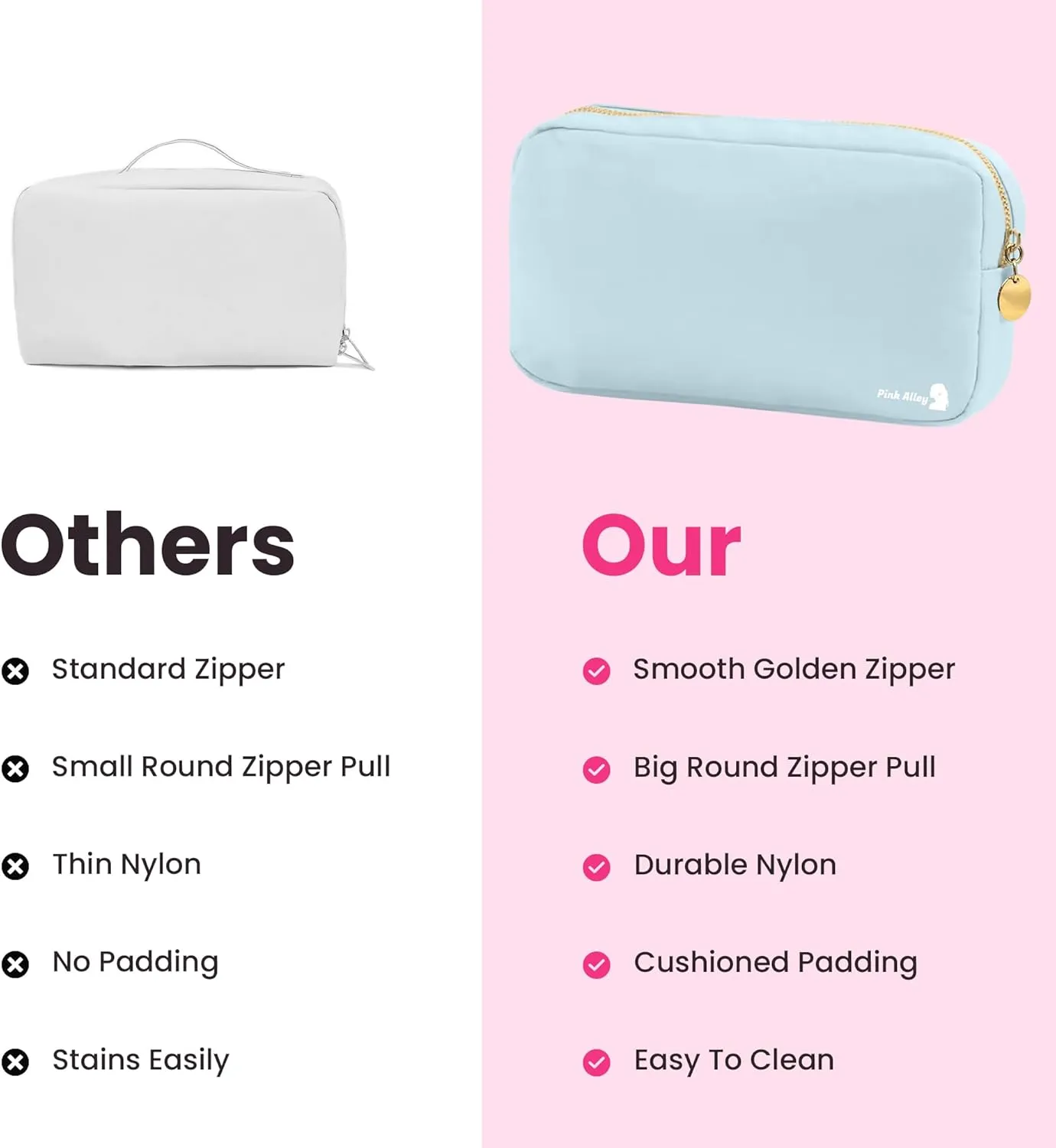 Cute Nylon Makeup Bag - 9" x 5" Durable Blue Makeup Bag with Golden Zipper - Waterproof Cosmetic Bags for Women - Travel Makeup Bag For Girls - Portable makeup Bag (Light Blue, Small)