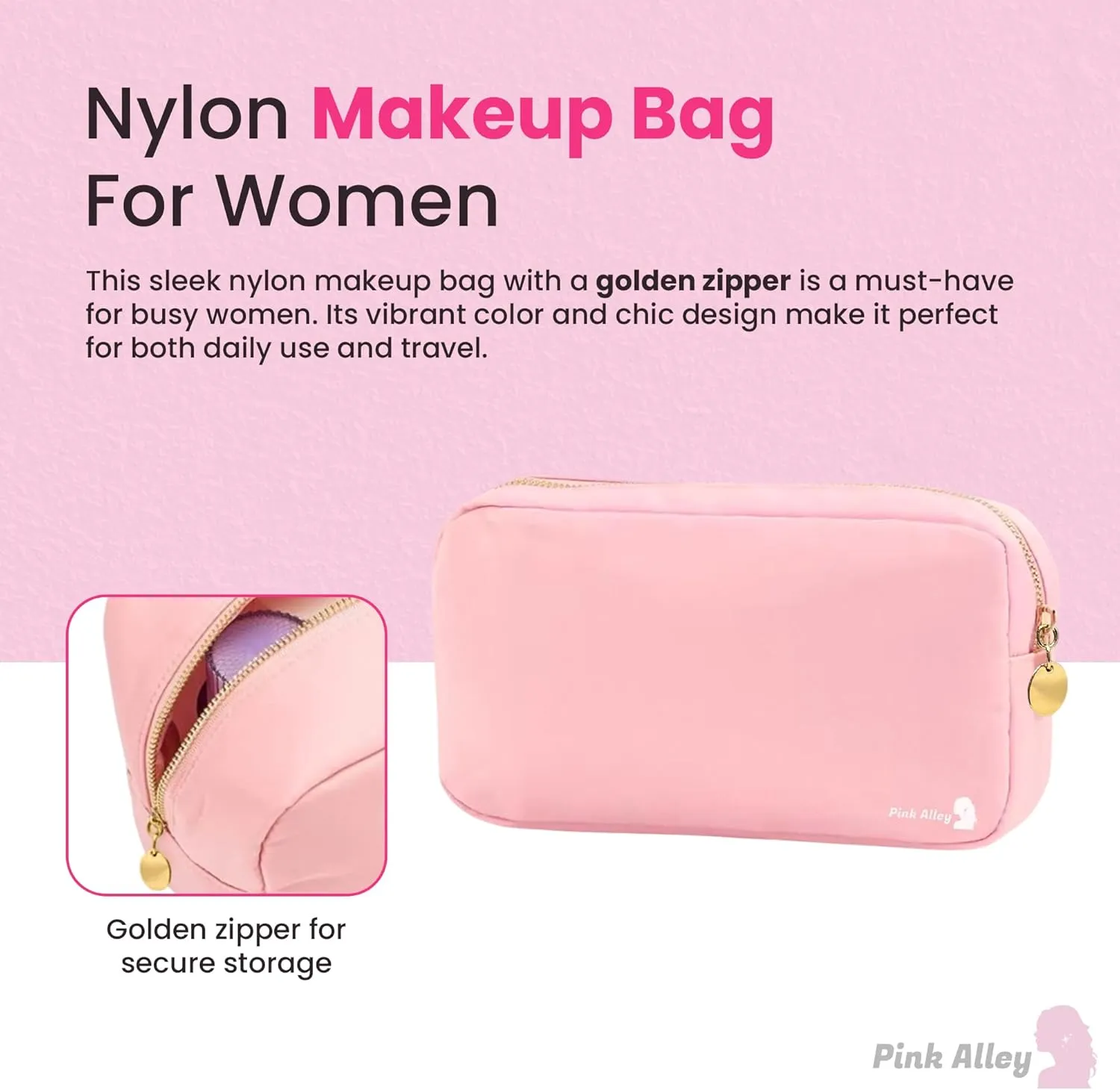 Cute Nylon Makeup Bag - 9" x 5" Durable Blue Makeup Bag with Golden Zipper - Waterproof Cosmetic Bags for Women - Travel Makeup Bag For Girls - Portable makeup Bag (Light Pink, Small)