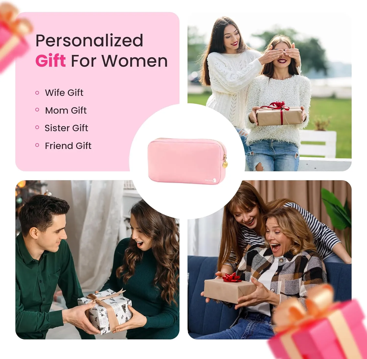 Cute Nylon Makeup Bag - 9" x 5" Durable Blue Makeup Bag with Golden Zipper - Waterproof Cosmetic Bags for Women - Travel Makeup Bag For Girls - Portable makeup Bag (Light Pink, Small)