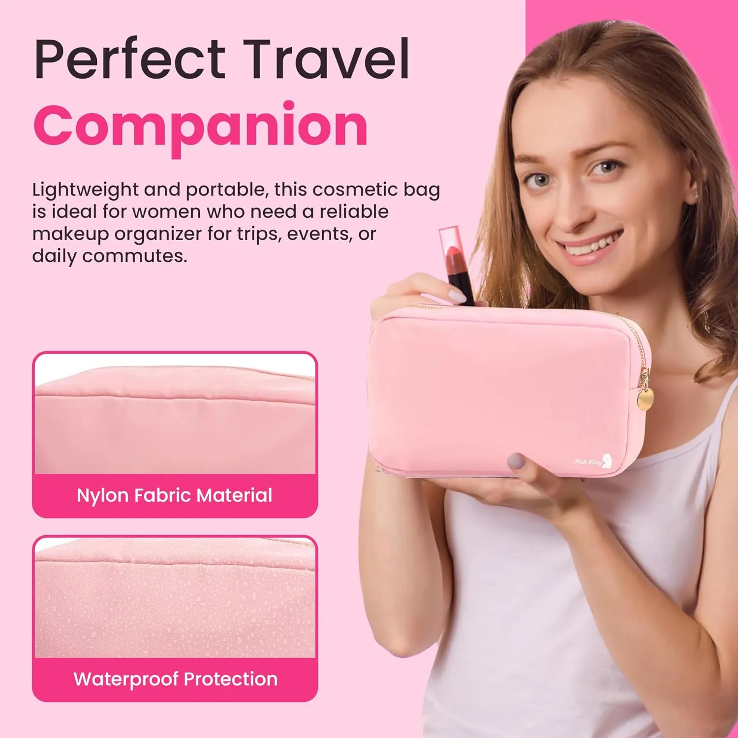 Cute Nylon Makeup Bag - 9" x 5" Durable Blue Makeup Bag with Golden Zipper - Waterproof Cosmetic Bags for Women - Travel Makeup Bag For Girls - Portable makeup Bag (Light Pink, Small)