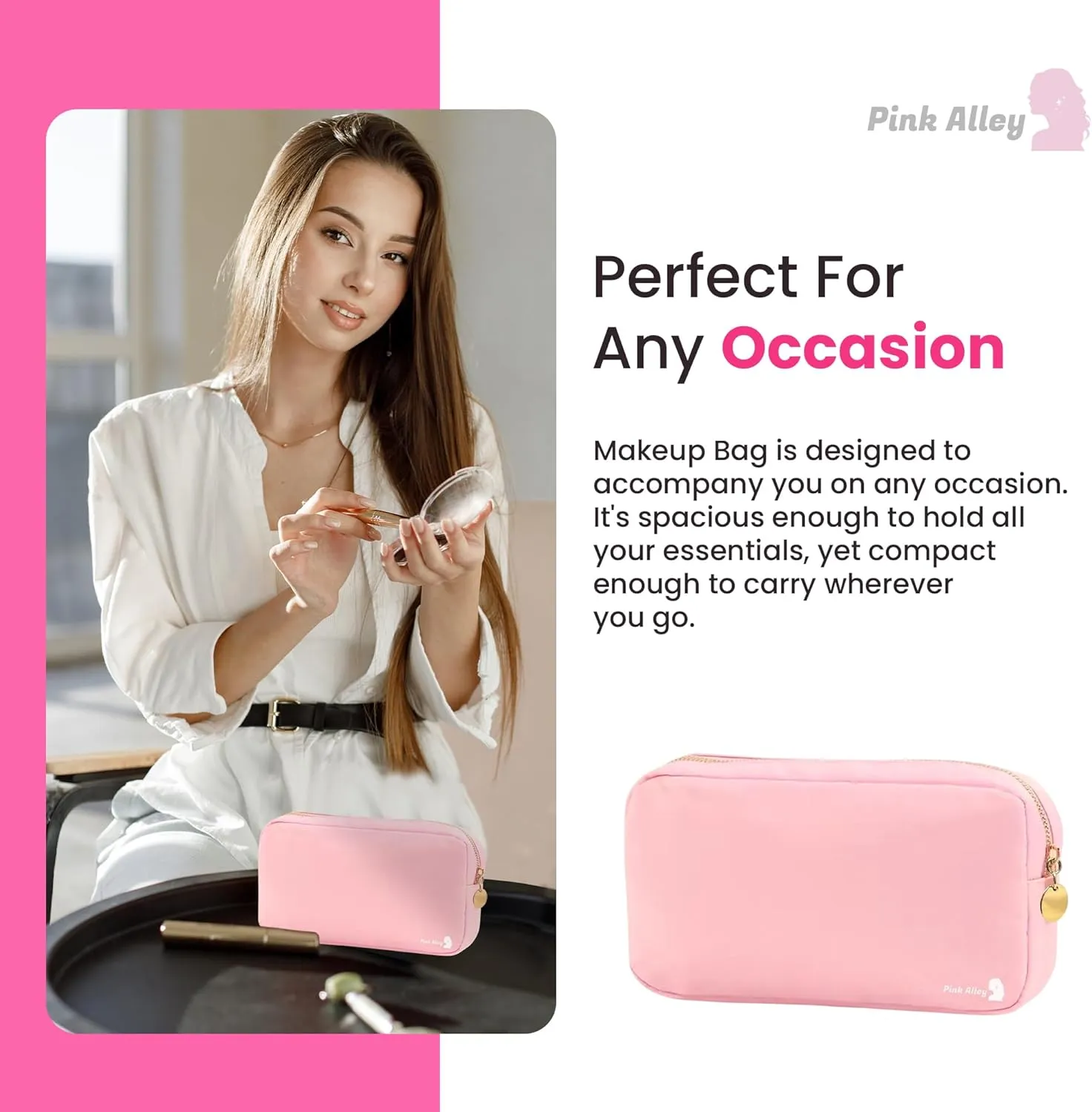 Cute Nylon Makeup Bag - 9" x 5" Durable Blue Makeup Bag with Golden Zipper - Waterproof Cosmetic Bags for Women - Travel Makeup Bag For Girls - Portable makeup Bag (Light Pink, Small)