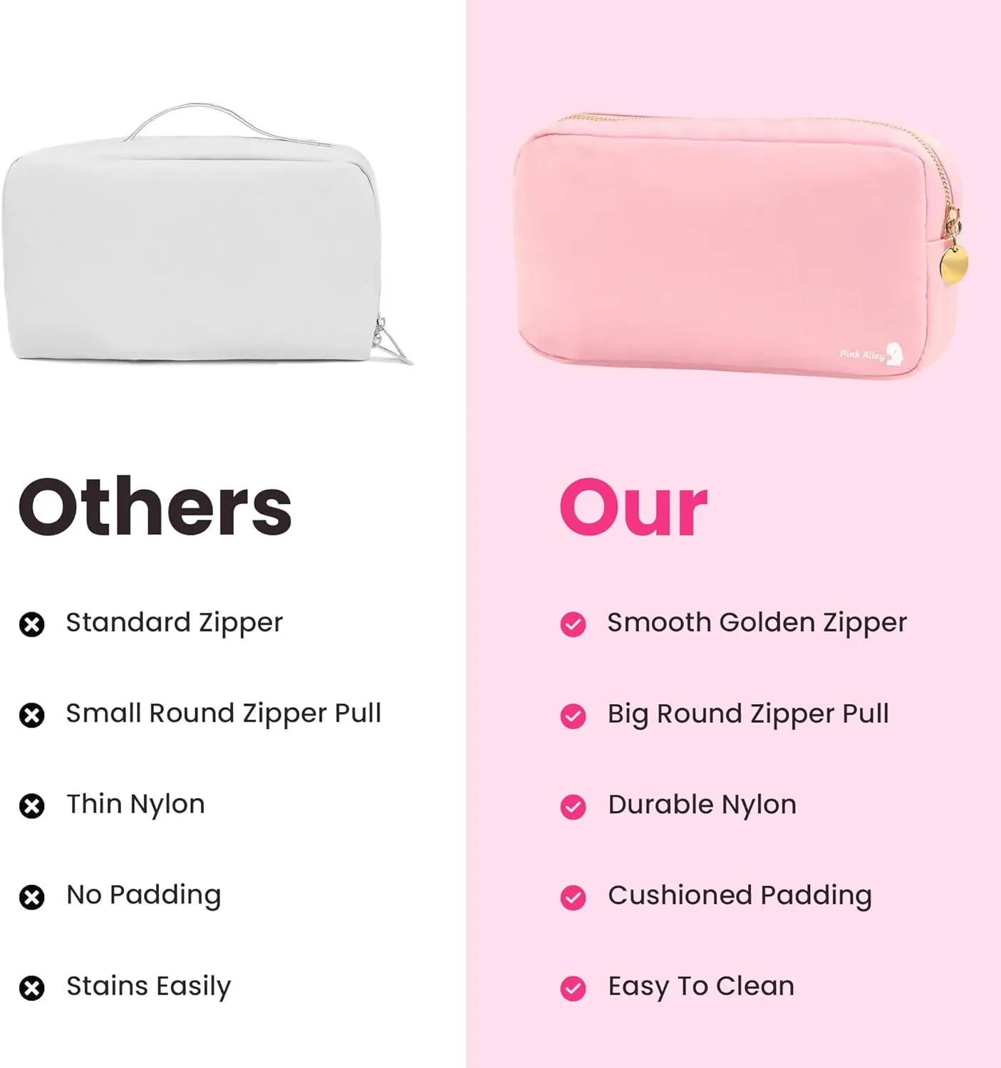 Cute Nylon Makeup Bag - 9" x 5" Durable Blue Makeup Bag with Golden Zipper - Waterproof Cosmetic Bags for Women - Travel Makeup Bag For Girls - Portable makeup Bag (Light Pink, Small)