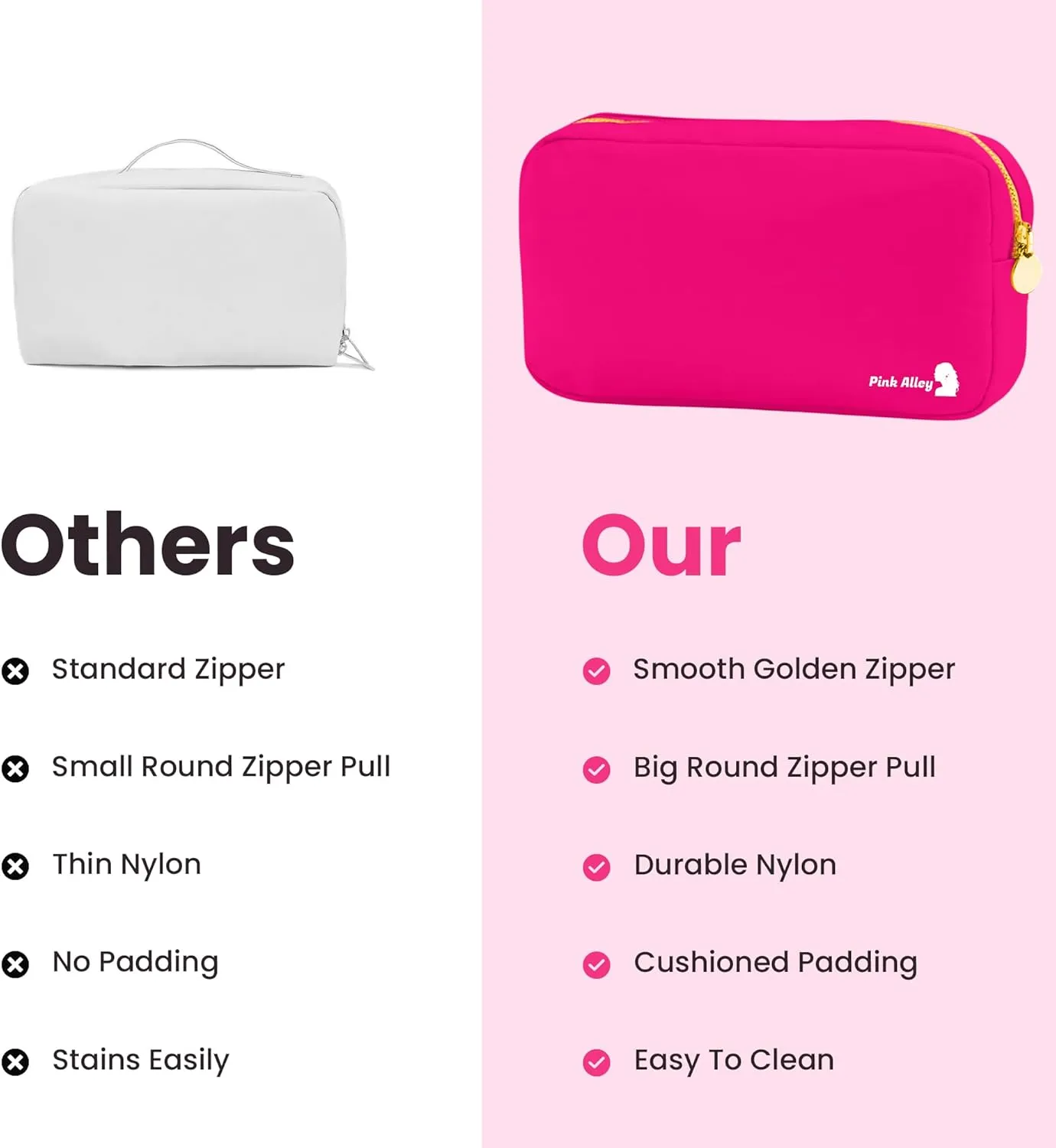 Cute Nylon Makeup Bag - 9" x 5" Durable Pink Makeup Bag with Golden Zipper - Waterproof Cosmetic Bags for Women - Travel Makeup Bag For Girls - Portable Bag (Hot Pink, Small)