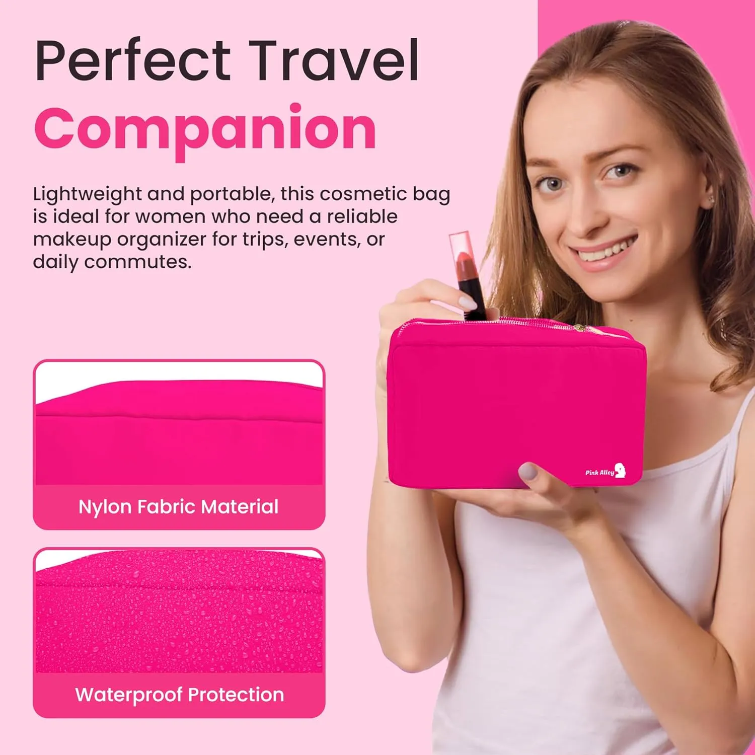 Cute Nylon Makeup Bag - 9" x 5" Durable Pink Makeup Bag with Golden Zipper - Waterproof Cosmetic Bags for Women - Travel Makeup Bag For Girls - Portable Bag (Hot Pink, Small)