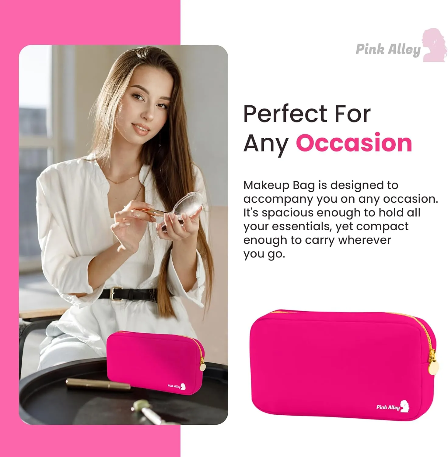 Cute Nylon Makeup Bag - 9" x 5" Durable Pink Makeup Bag with Golden Zipper - Waterproof Cosmetic Bags for Women - Travel Makeup Bag For Girls - Portable Bag (Hot Pink, Small)