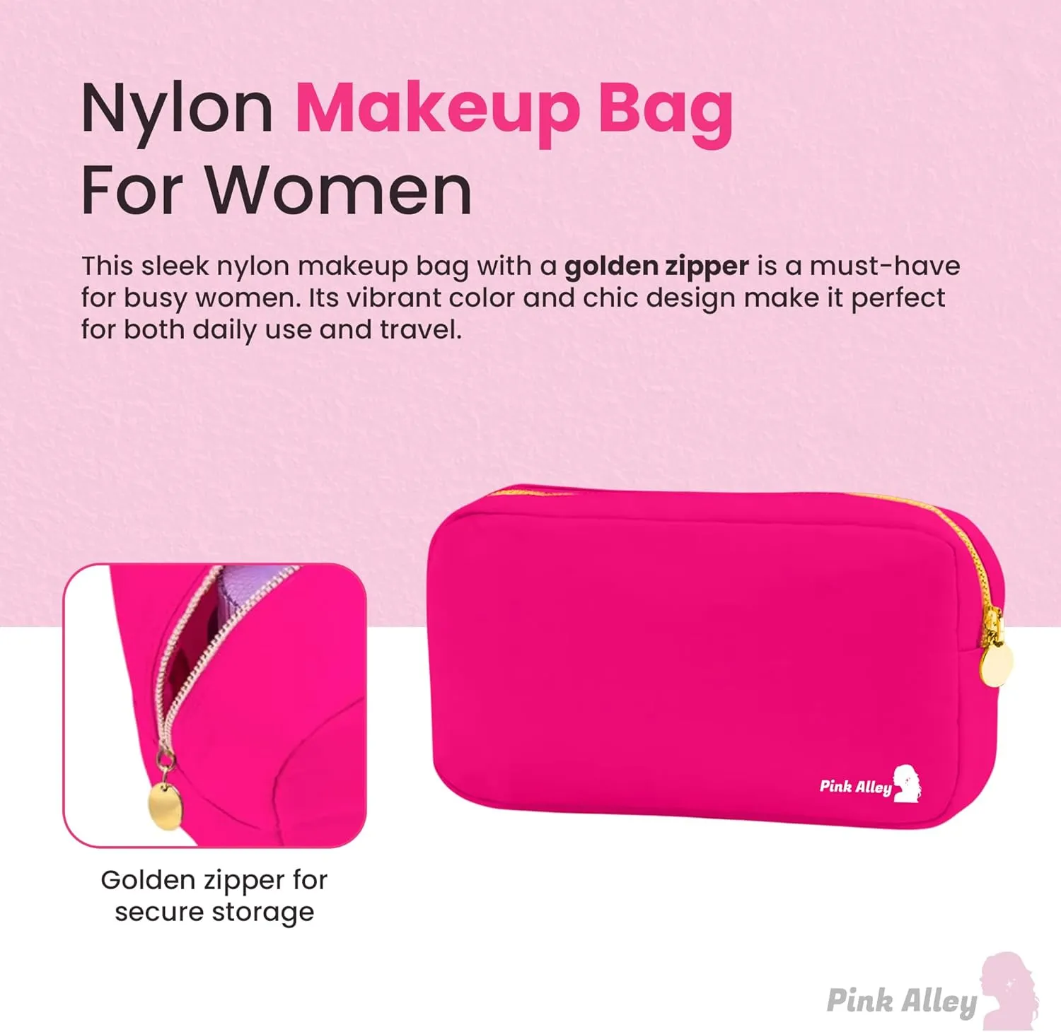 Cute Nylon Makeup Bag - 9" x 5" Durable Pink Makeup Bag with Golden Zipper - Waterproof Cosmetic Bags for Women - Travel Makeup Bag For Girls - Portable Bag (Hot Pink, Small)