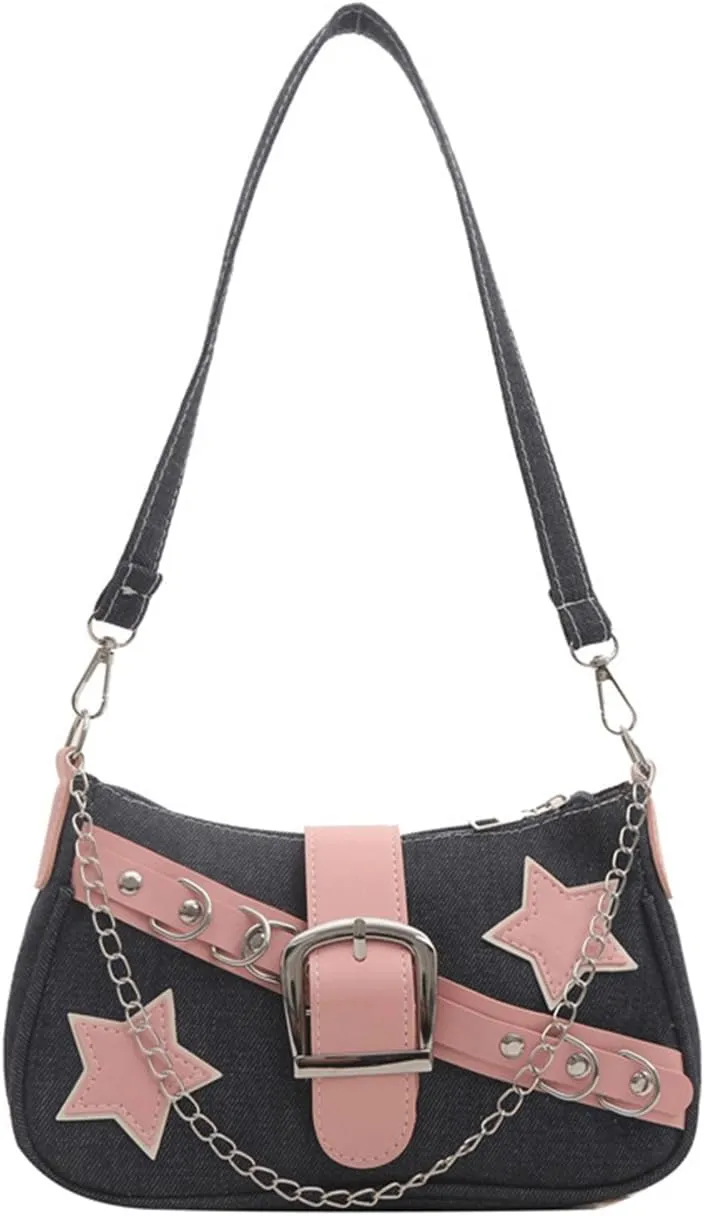 Denim Handbag Y2K Star Print Crossbody Bag Chic Gothic Vintage Trendy Bucket Bag for Women