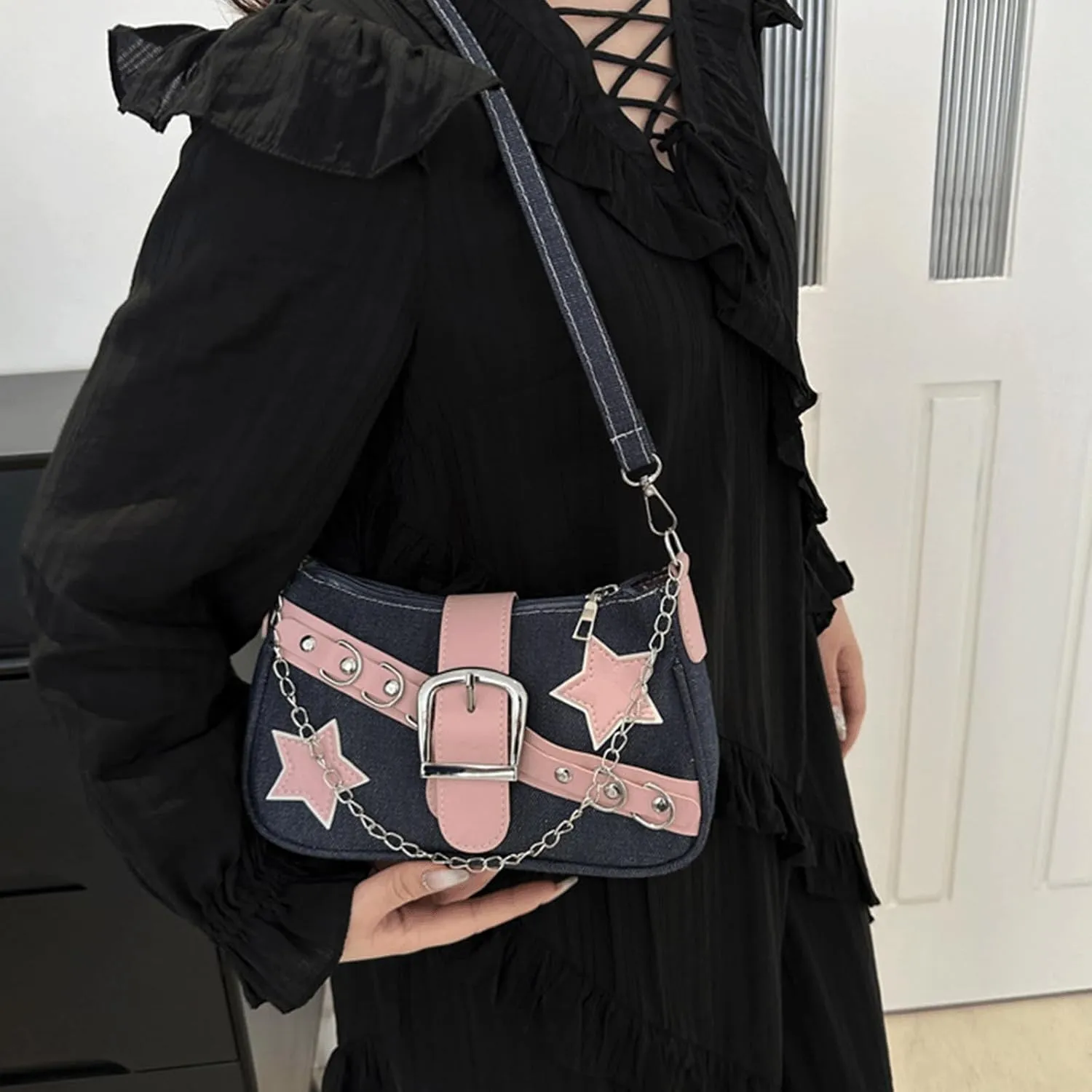 Denim Handbag Y2K Star Print Crossbody Bag Chic Gothic Vintage Trendy Bucket Bag for Women