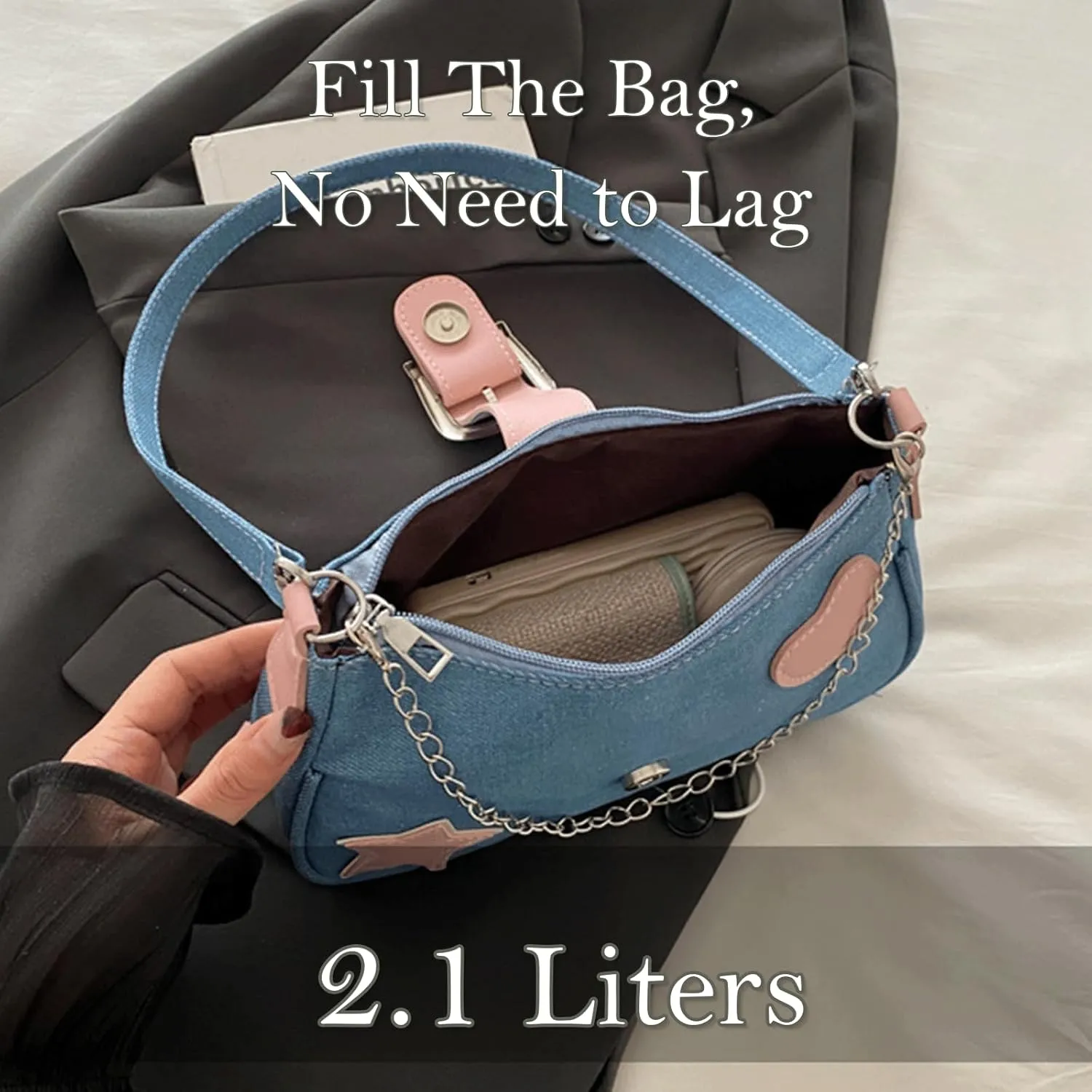 Denim Handbag Y2K Star Print Crossbody Bag Chic Gothic Vintage Trendy Bucket Bag for Women