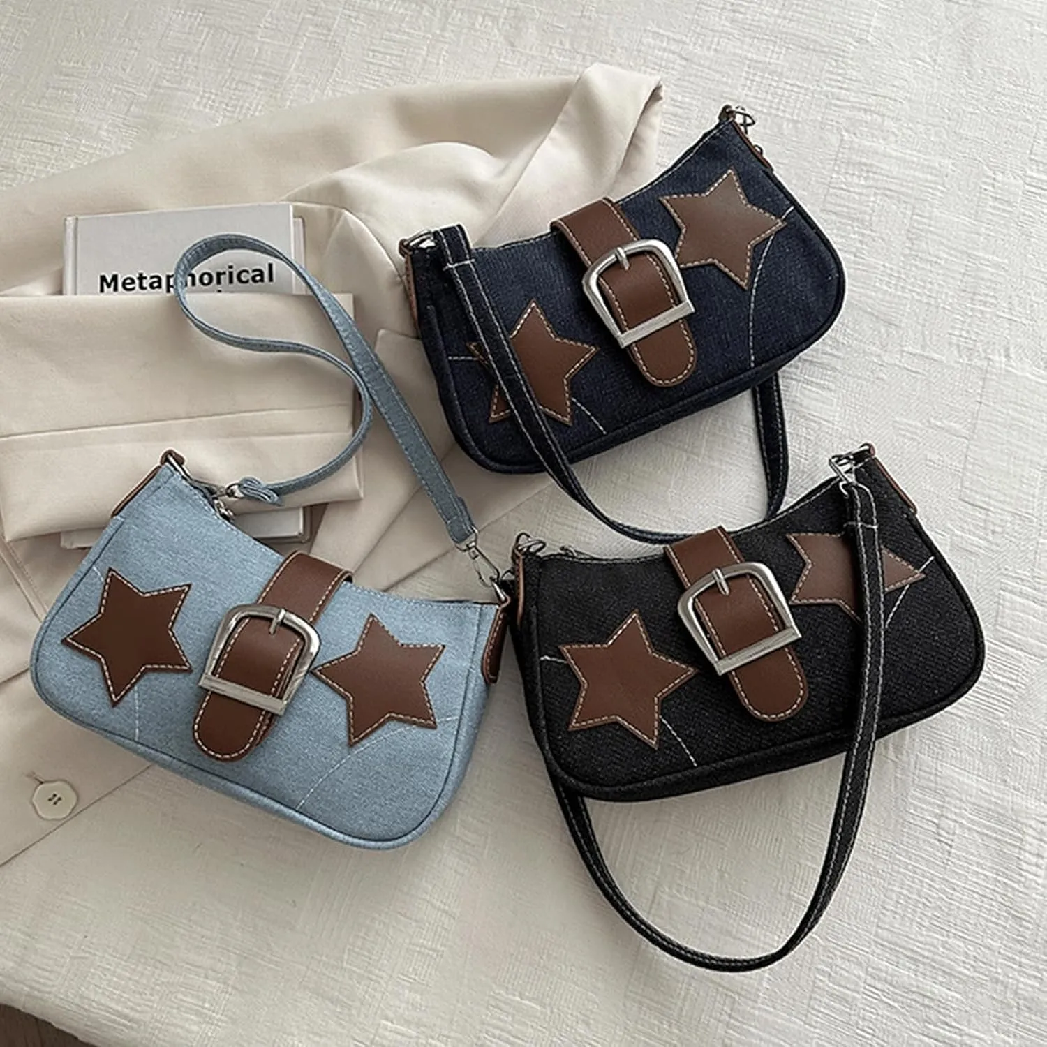 Denim Handbag Y2K Star Print Crossbody Bag Chic Gothic Vintage Trendy Bucket Bag for Women