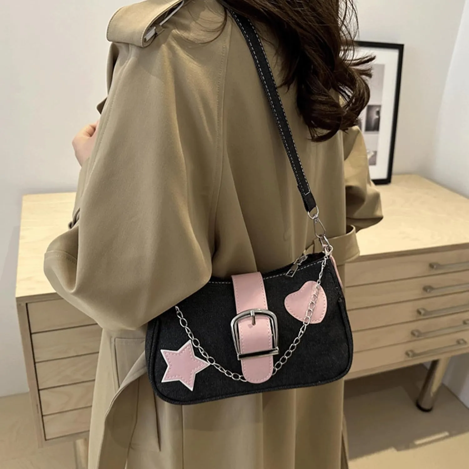 Denim Handbag Y2K Star Print Crossbody Bag Chic Gothic Vintage Trendy Bucket Bag for Women
