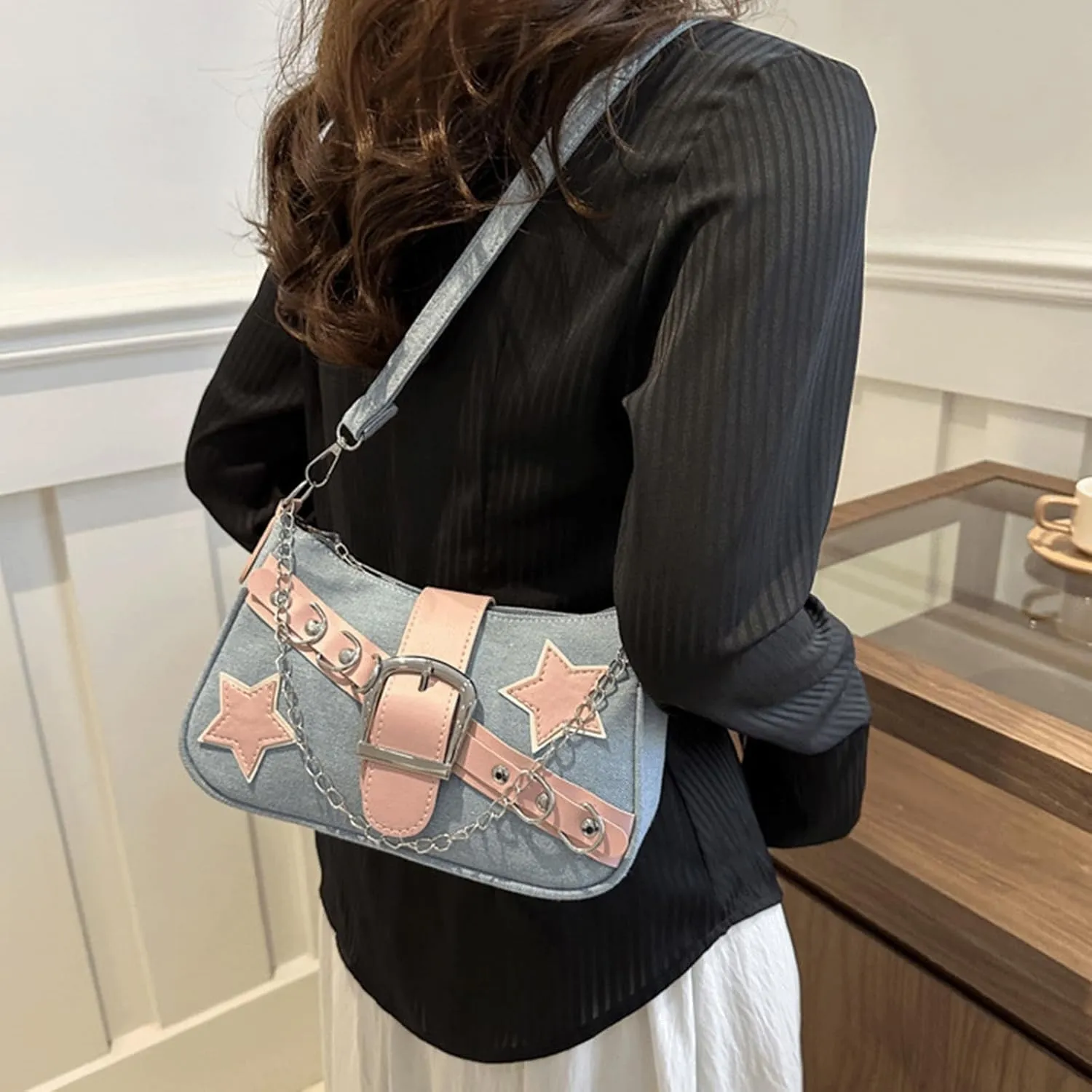 Denim Handbag Y2K Star Print Crossbody Bag Chic Gothic Vintage Trendy Bucket Bag for Women