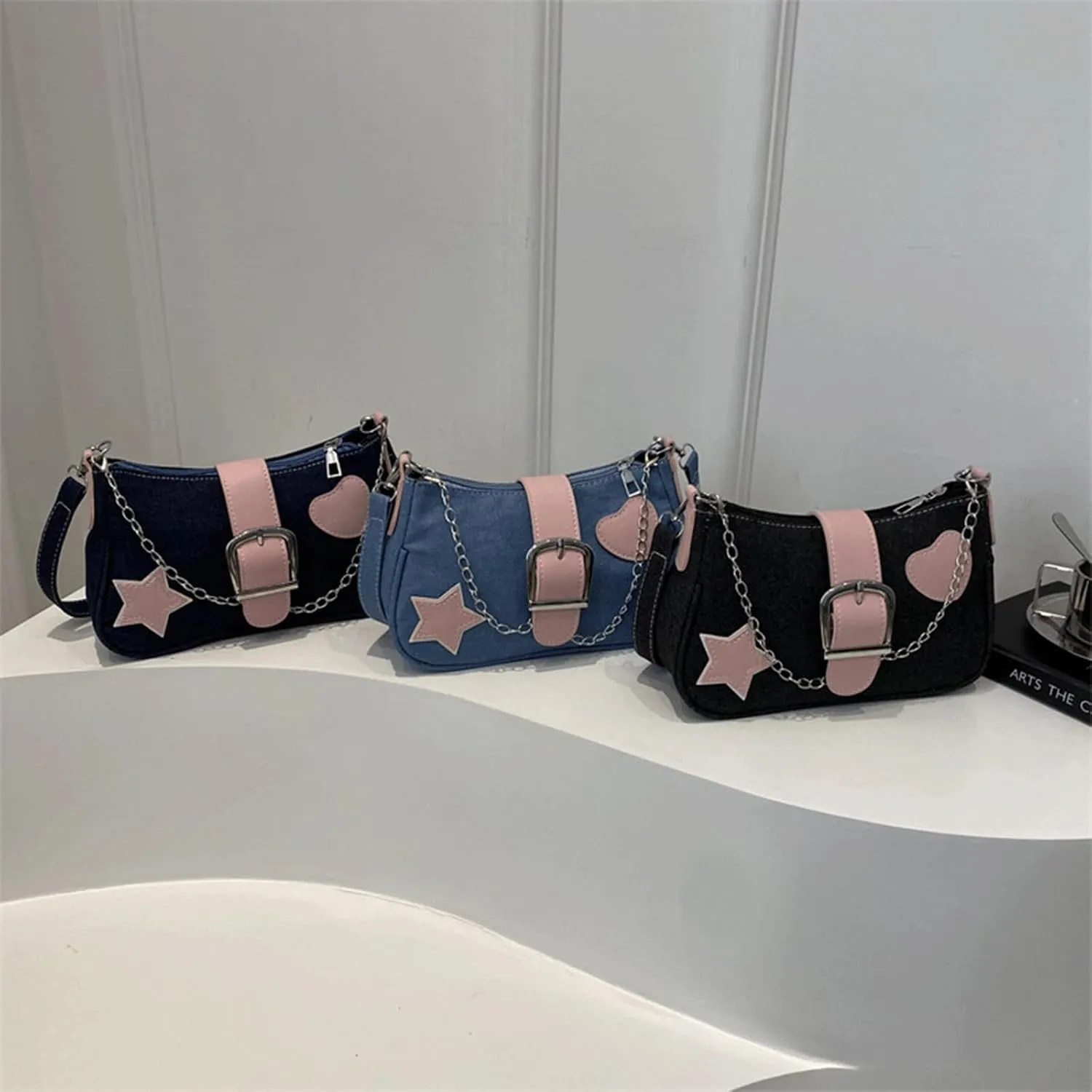 Denim Handbag Y2K Star Print Crossbody Bag Chic Gothic Vintage Trendy Bucket Bag for Women