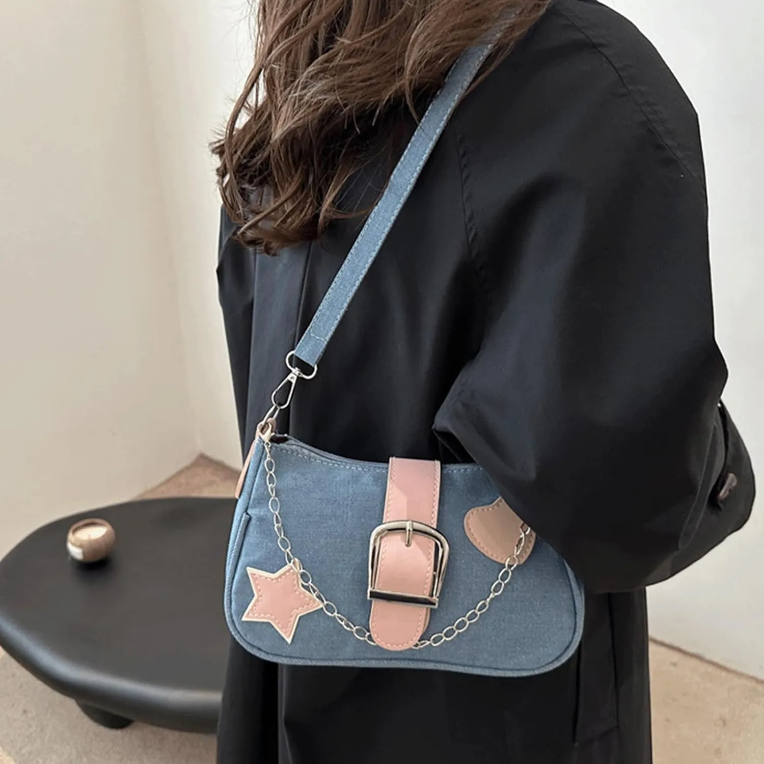 Denim Handbag Y2K Star Print Crossbody Bag Chic Gothic Vintage Trendy Bucket Bag for Women