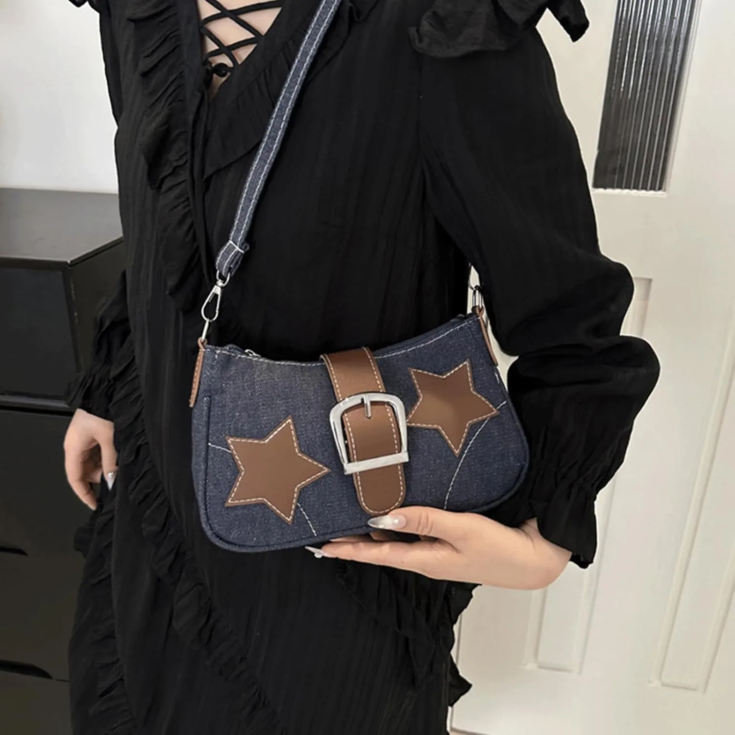 Denim Handbag Y2K Star Print Crossbody Bag Chic Gothic Vintage Trendy Bucket Bag for Women