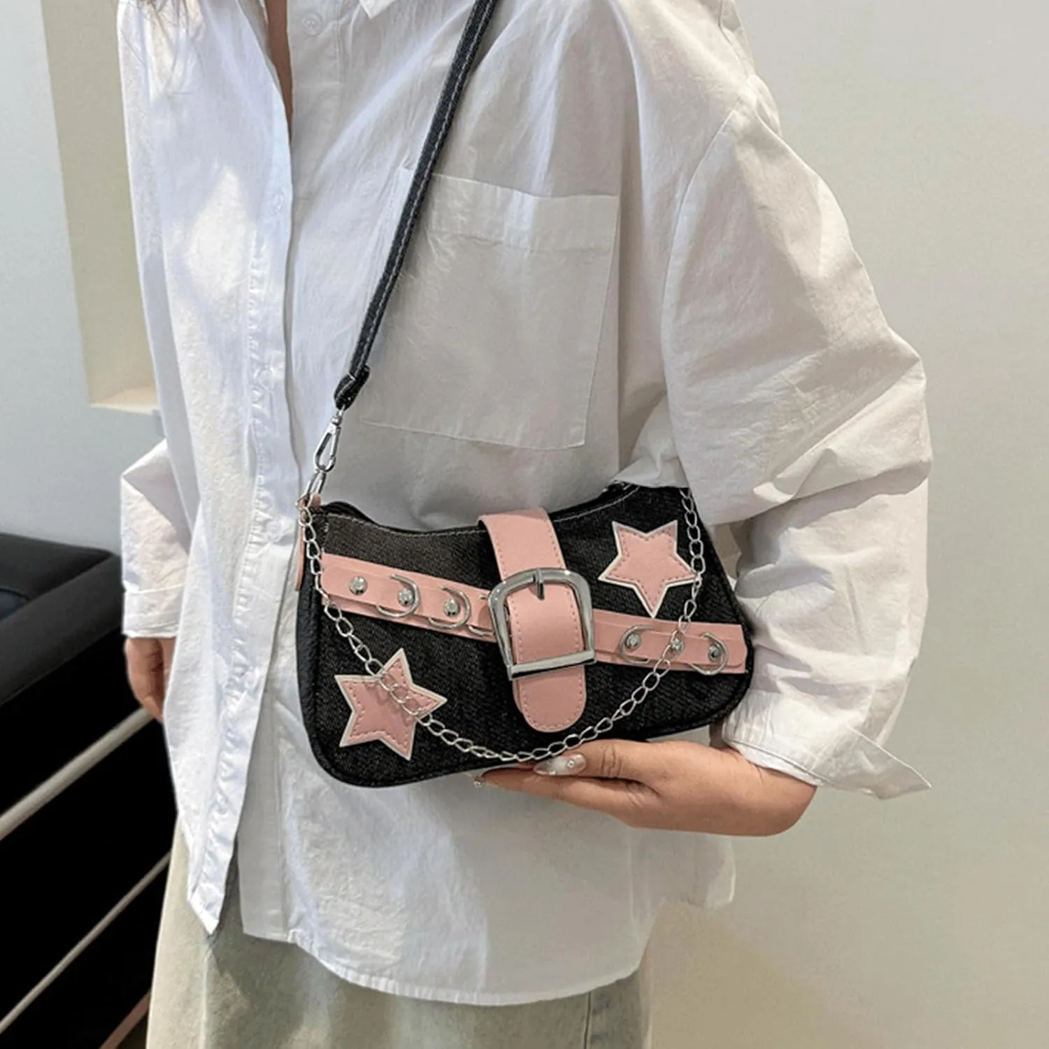 Denim Handbag Y2K Star Print Crossbody Bag Chic Gothic Vintage Trendy Bucket Bag for Women