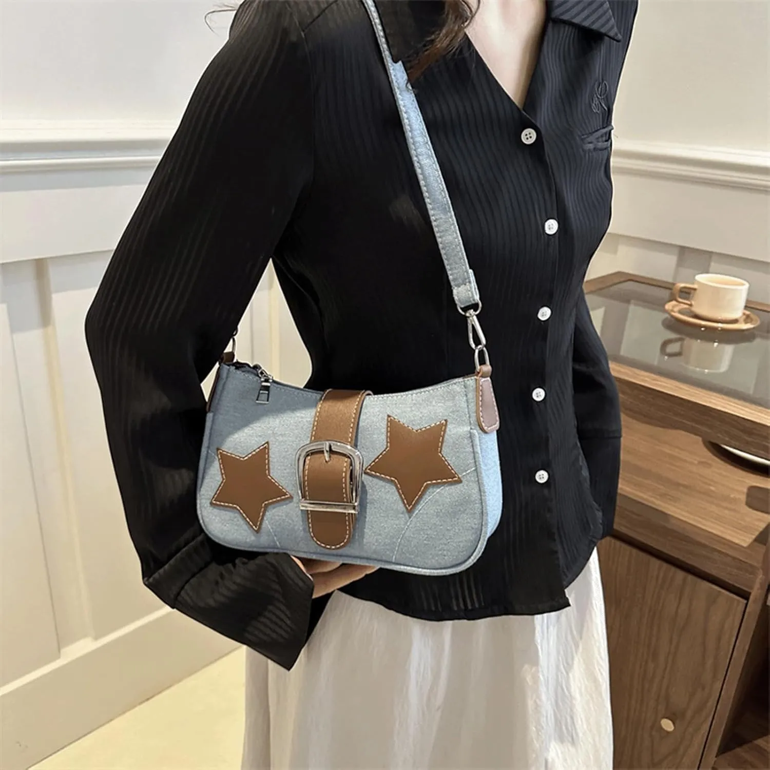 Denim Handbag Y2K Star Print Crossbody Bag Chic Gothic Vintage Trendy Bucket Bag for Women