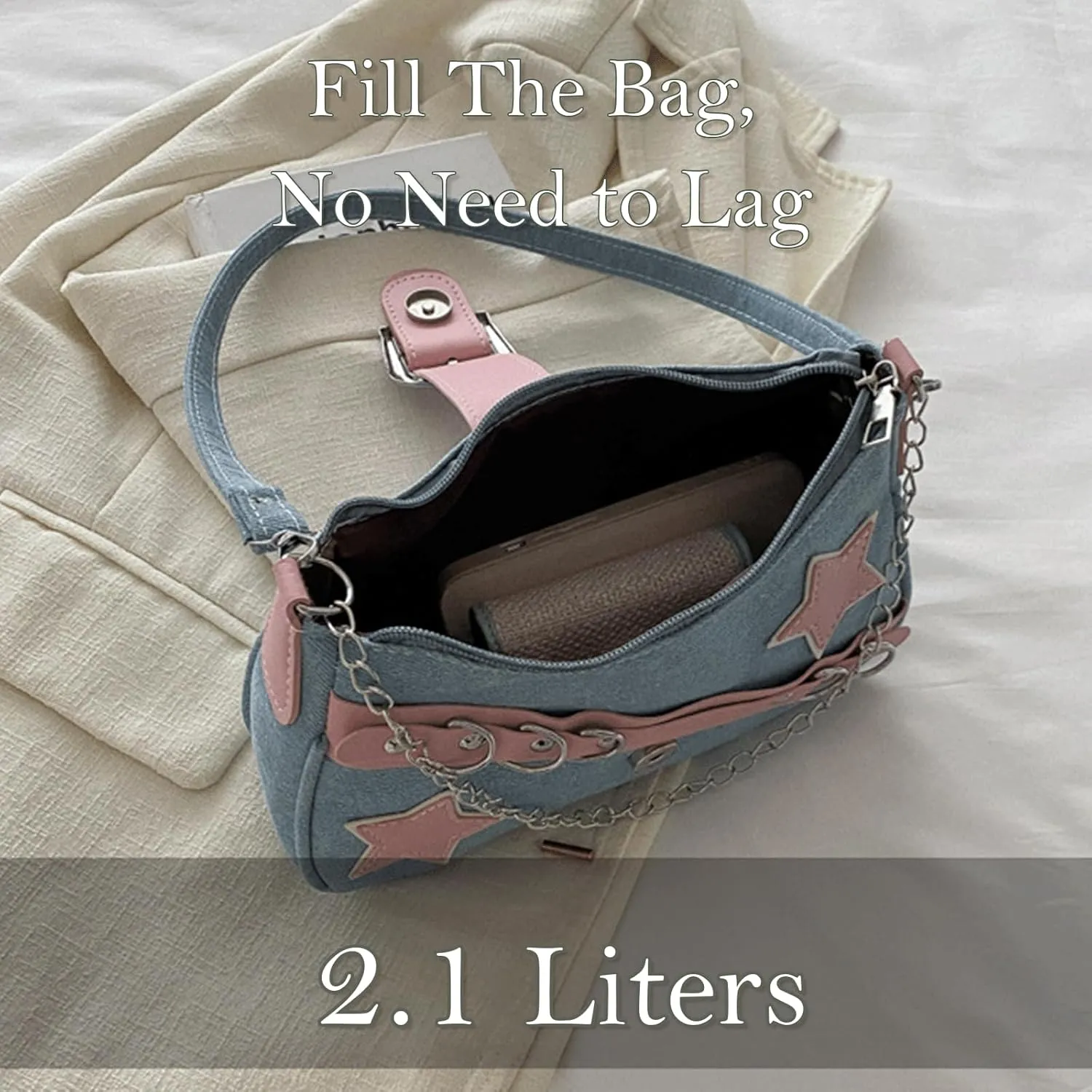 Denim Handbag Y2K Star Print Crossbody Bag Chic Gothic Vintage Trendy Bucket Bag for Women