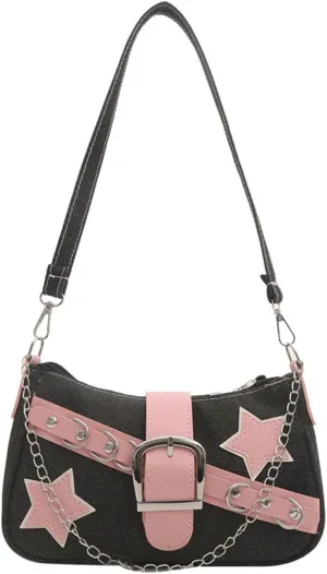 Denim Handbag Y2K Star Print Crossbody Bag Chic Gothic Vintage Trendy Bucket Bag for Women