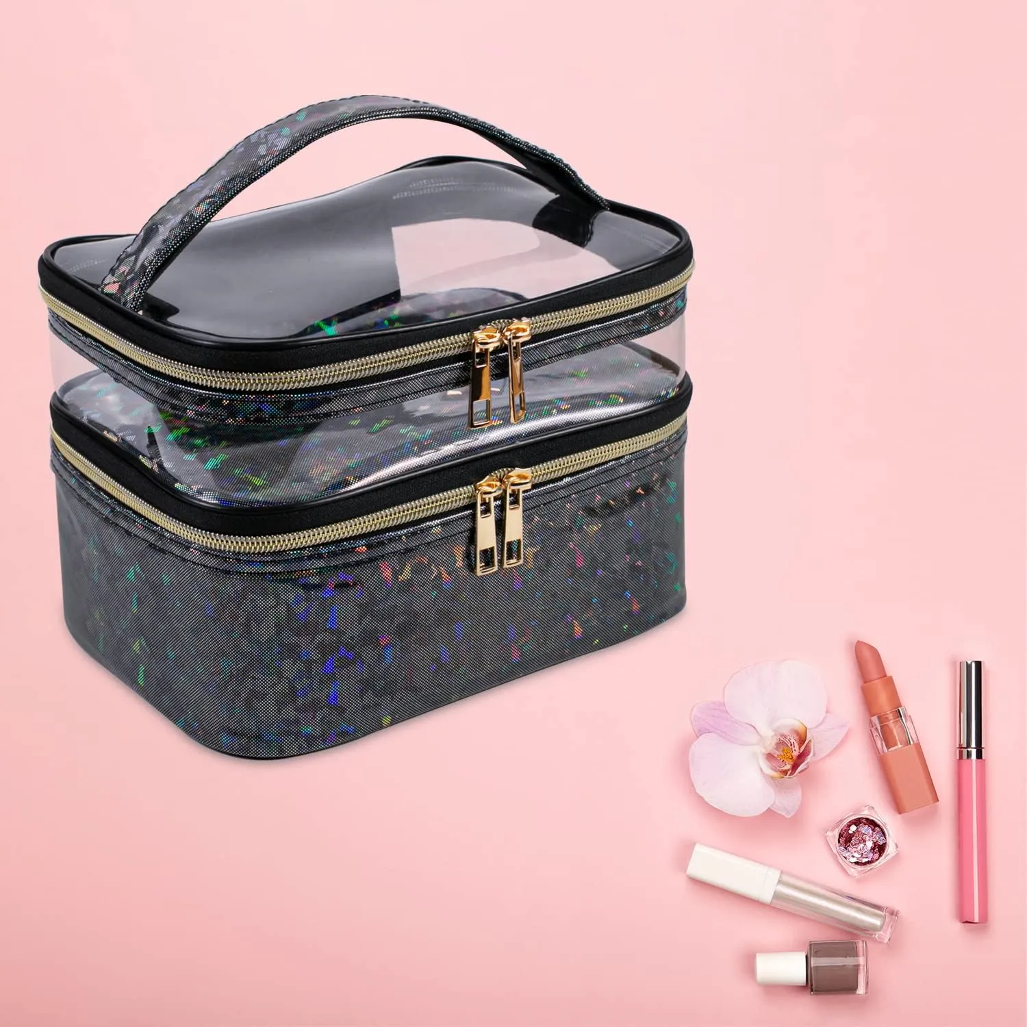 Double-layer Makeup Bag Cosmetic Bag Travel Makeup Cases Organizer Toiletry Bag Gift for Women, Portable Waterproof (Black)
