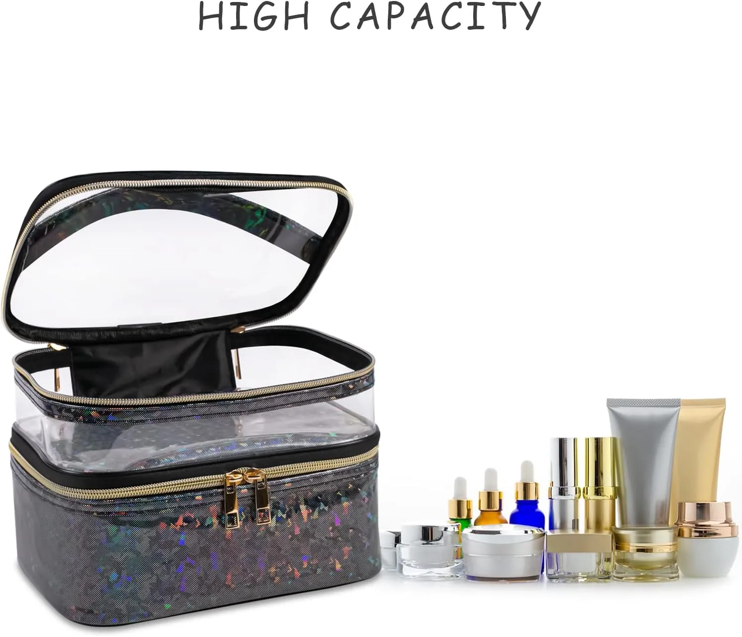 Double-layer Makeup Bag Cosmetic Bag Travel Makeup Cases Organizer Toiletry Bag Gift for Women, Portable Waterproof (Black)