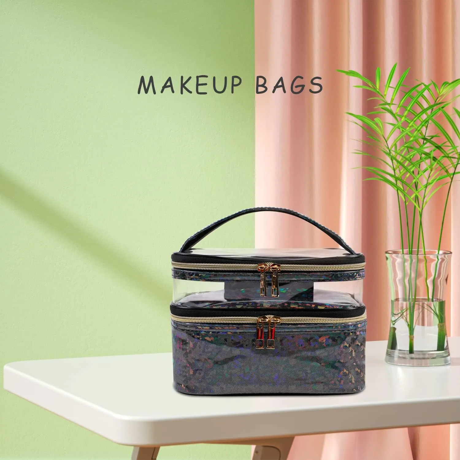 Double-layer Makeup Bag Cosmetic Bag Travel Makeup Cases Organizer Toiletry Bag Gift for Women, Portable Waterproof (Black)