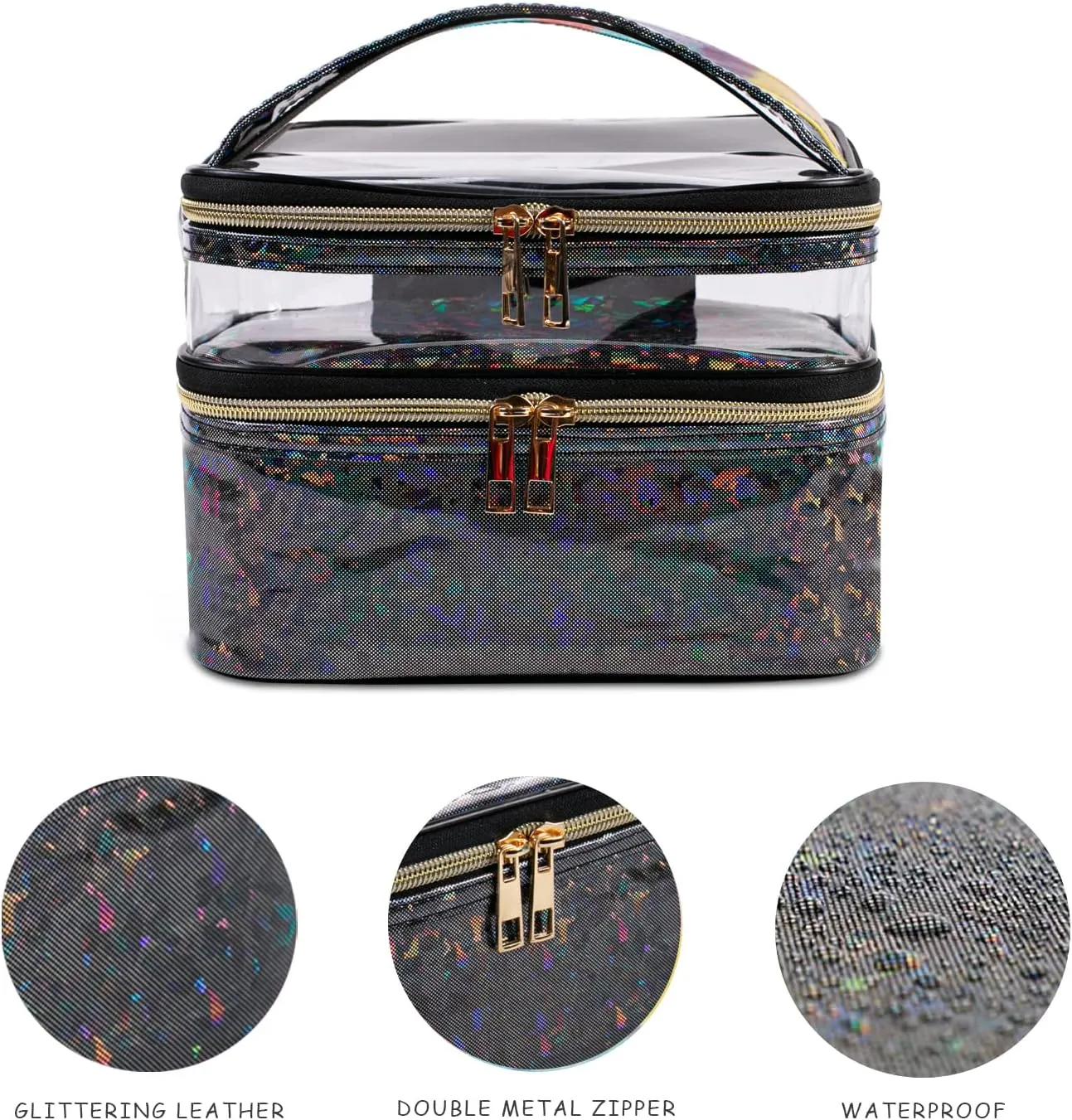 Double-layer Makeup Bag Cosmetic Bag Travel Makeup Cases Organizer Toiletry Bag Gift for Women, Portable Waterproof (Black)