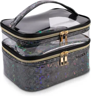 Double-layer Makeup Bag Cosmetic Bag Travel Makeup Cases Organizer Toiletry Bag Gift for Women, Portable Waterproof (Black)