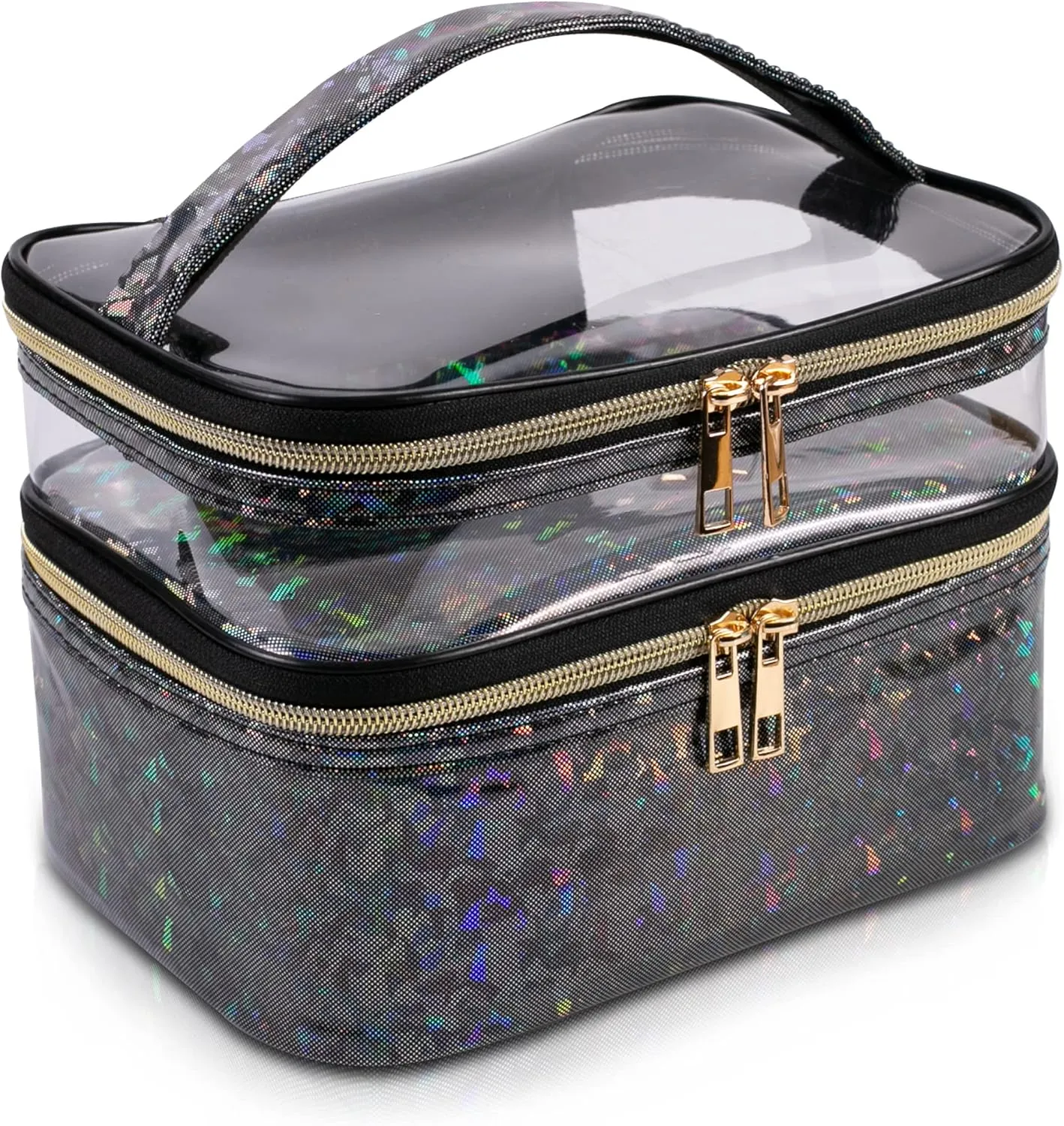 Double-layer Makeup Bag Cosmetic Bag Travel Makeup Cases Organizer Toiletry Bag Gift for Women, Portable Waterproof (Black)